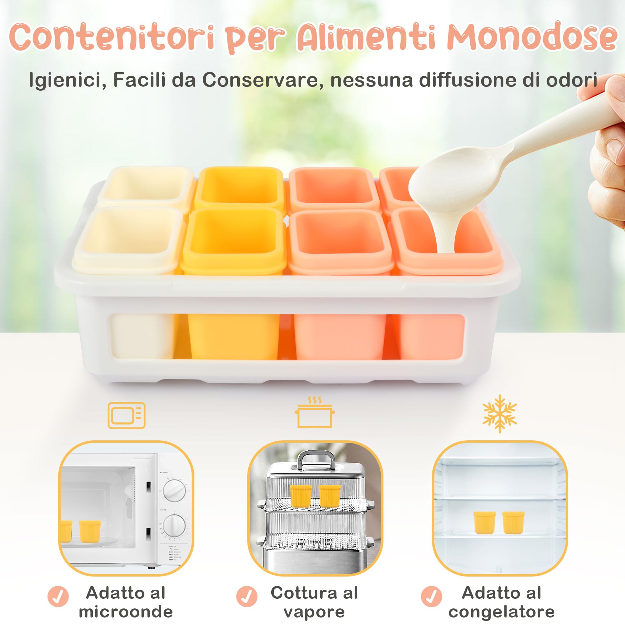 Contenitori da Svezzamento Neonati in Silicone 60ML 8 Pezzi con Coperchi Ermetici Antiperdite Freezer