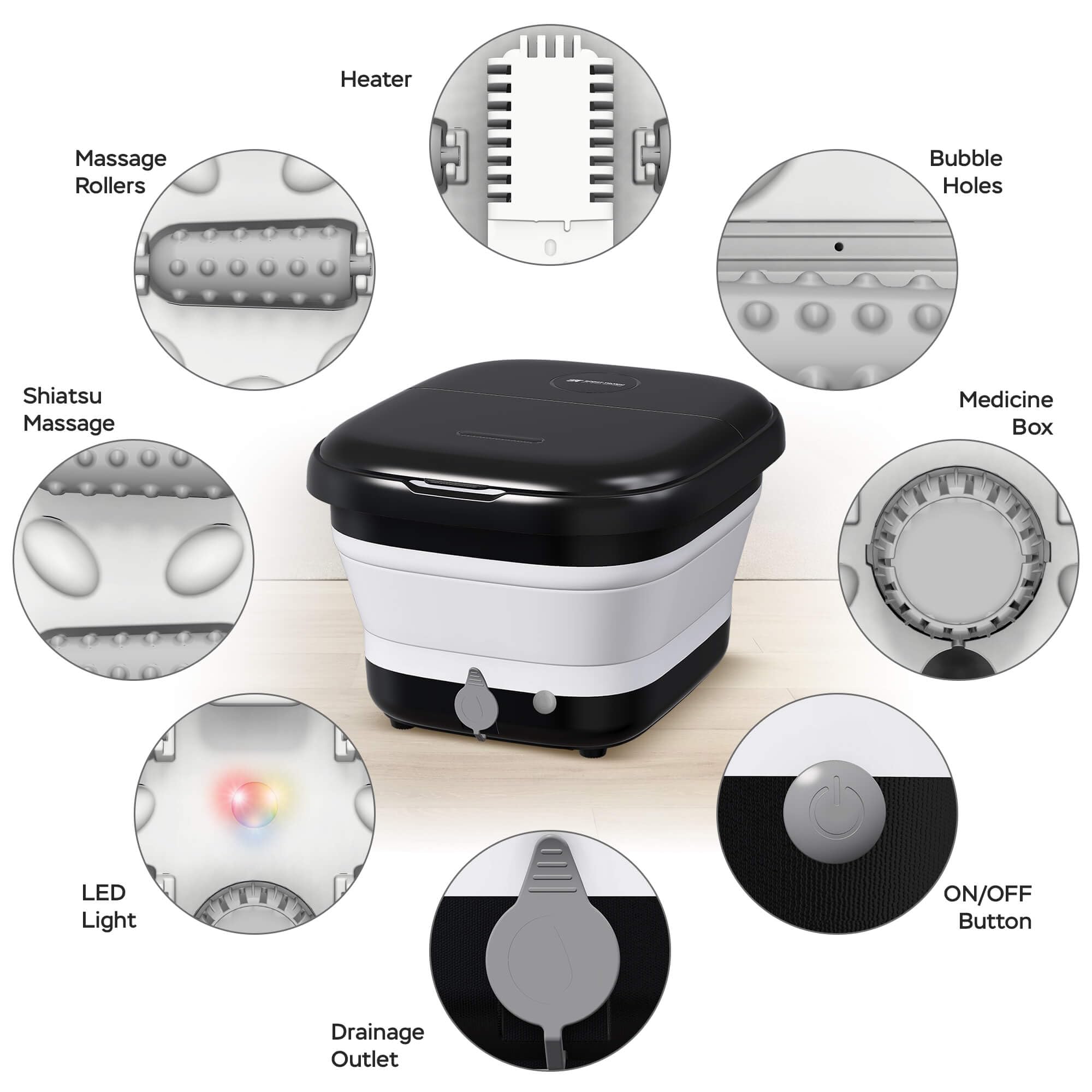 SportTronic Fußmassagegerät mit Whirlpool & Wärme – faltbar, 6 Massagerollen, 20 Shiatsu-Düsen, Sprudelfunktion, Pediküre, beheiztes Fußbad