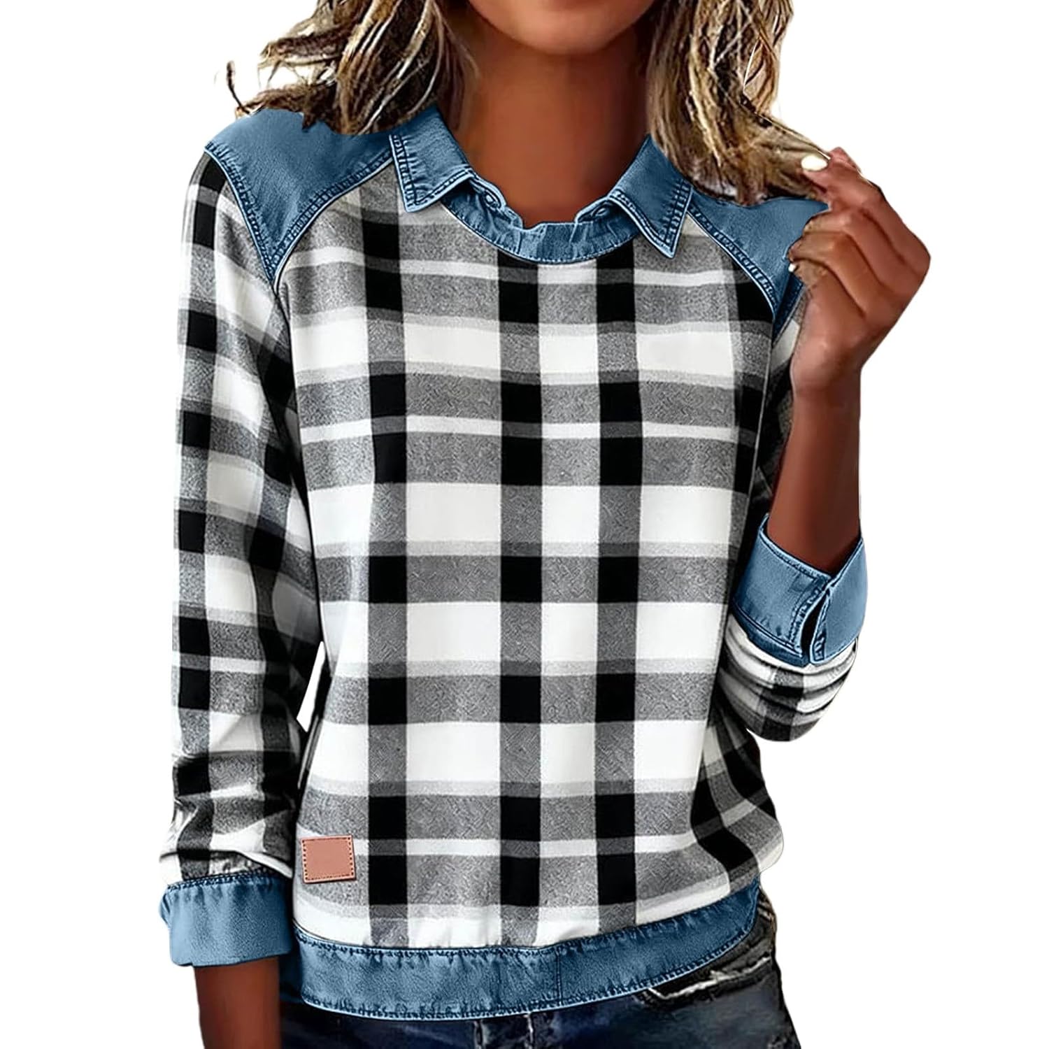 Womens Plaid Denim Collared Sweatshirt Patchwork Denim Sweater Pullovers Long Sleeve Fall Winter Splicing Tshirts