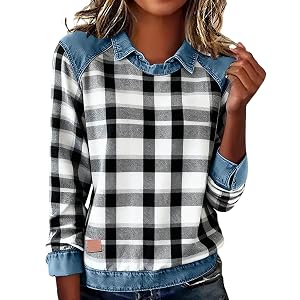 Womens Plaid Denim Collared Sweatshirt Patchwork Denim Sweater Pullovers Long Sleeve Fall Winter Splicing Tshirts