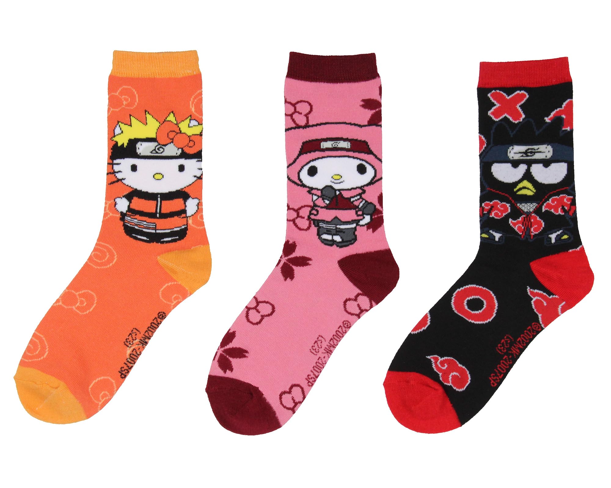 Bioworld Naruto Shippuden X Hello Kitty And Friends - Calcetines para adultos, paquete de 3 unidades, para hombres y mujeres, Varios colores, Talla única