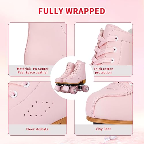 Miniatura 4 de jessie Roller Skates for Girl and Women, PU Leather Light up Kids Roller Skates, Cute Adjustable Four-Wheel Beginner Youth Roller Skates Girls Ages