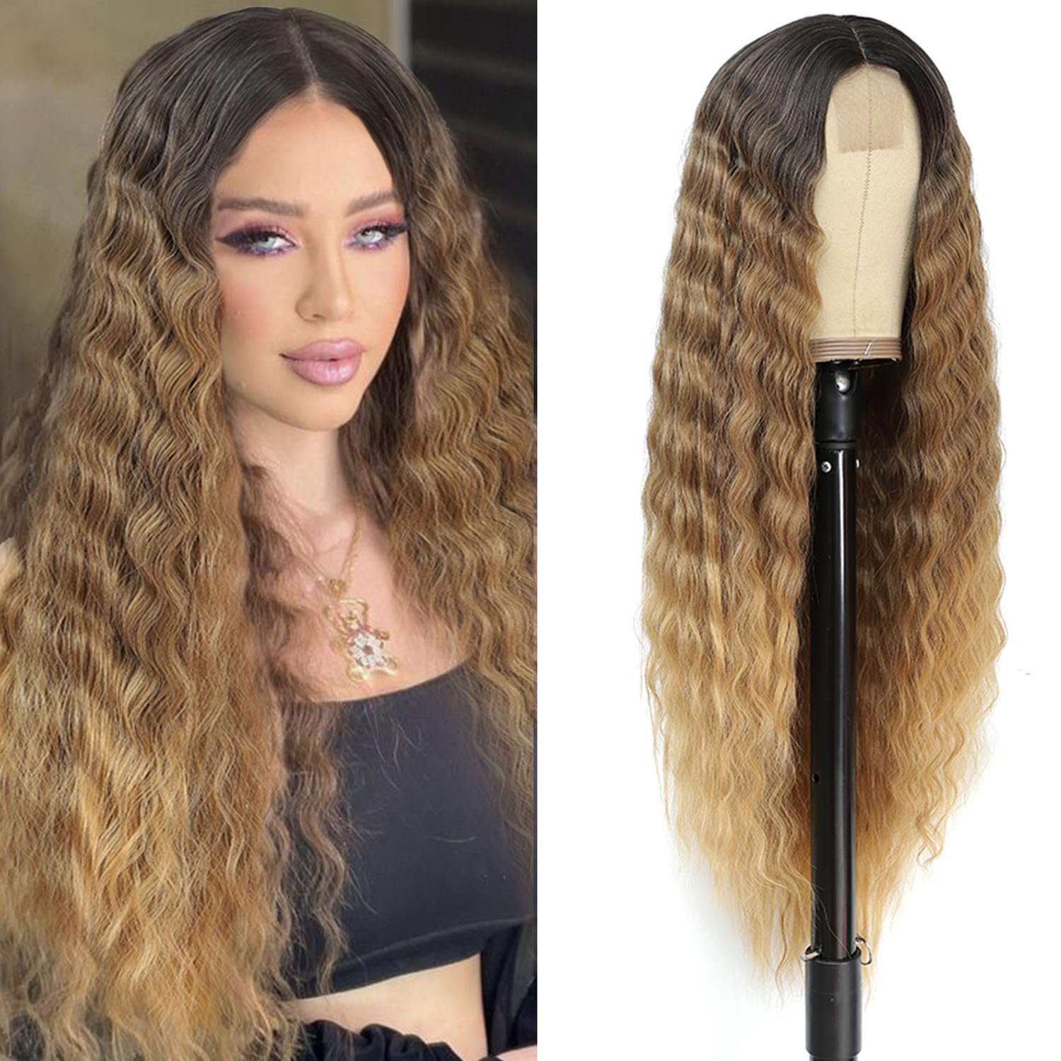 30 Inch Ombre Honey Blonde Wig Long Curly Synthetic Hair Wigs Small Lace Front Wigs for Women Loose Deep Wave Wig 4" Simulated Scalp Middle Part