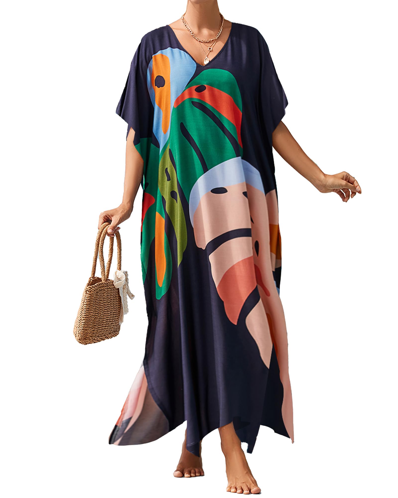 Bsubseach Maxi Vestido para Mujer con Estampado Turco Kaftan Beachwear Bikini Cover Up