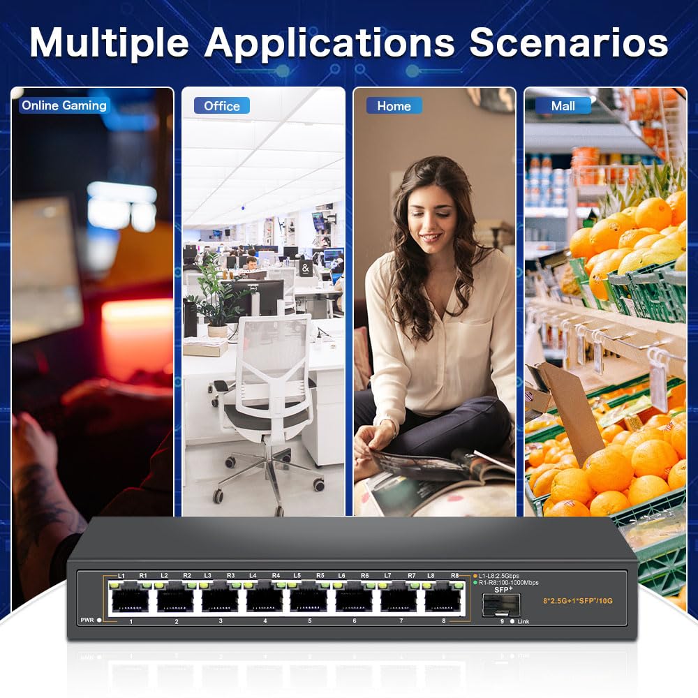 Switch Ethernet non gestito Davuaz 2.5G con 8 porte 2.5G Base-T e 1 porta Uplink 10G SFP, compatibile con 100/1000/2500Mbps, design senza ventole, Plug & Play, switch di rete 2.5Gb in metallo
