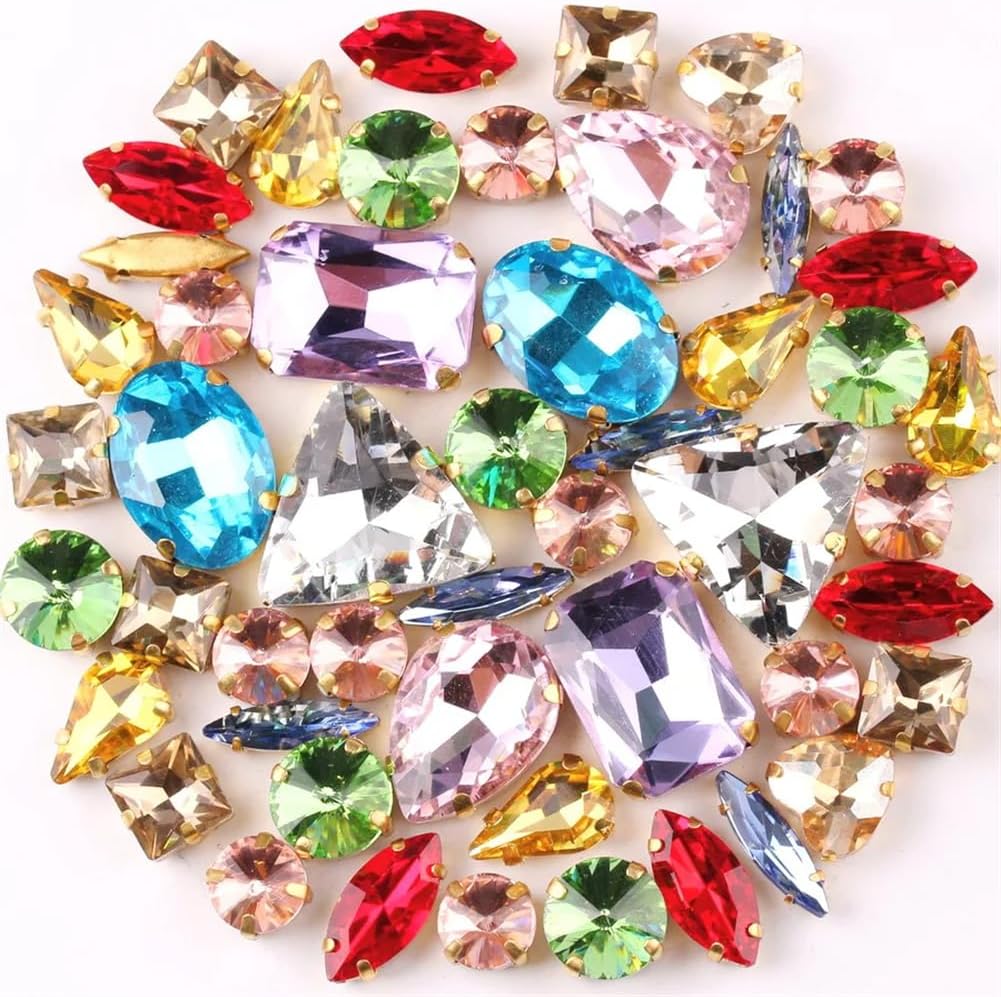 Glass Rhinestones, Sew on Rhinestone Glass Crystals, Rhinestones Claw Setting On Mixed Shapes Multicolor Multiple Sizes Pack of 50(Jelly Candy Mix)
