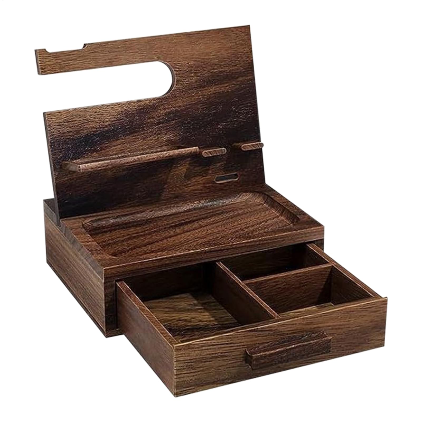 Organizer per comodino, cassetto portaoggetti, design compatto, facile da montare, slot di ricarica, design funzionale, organizer da scrivania per portachiavi, portafoglio, orologio | Stazione Di Ricarica Telefono In Legno Con Cassetto Vassoio Svuotatasch