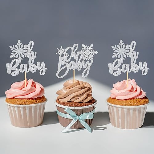Miniatura 7 de Ercadio Paquete de 24 adornos de copos de nieve para cupcakes Oh Baby con purpurina plateada de copo de nieve Oh Baby para cupcakes de invierno
