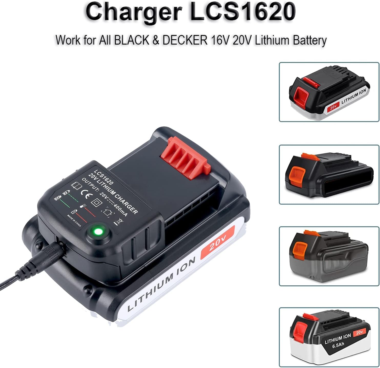 Qbmel 20Volt Li-Ion Battery Charger Replacement for Black+Decker LCS1620 90590282 20V MAX Lithium Ion Battery LBXR20 LBXR20-OPE LB20 LBX20 LBX4020 LB2X4020 LBXR2020-OPE