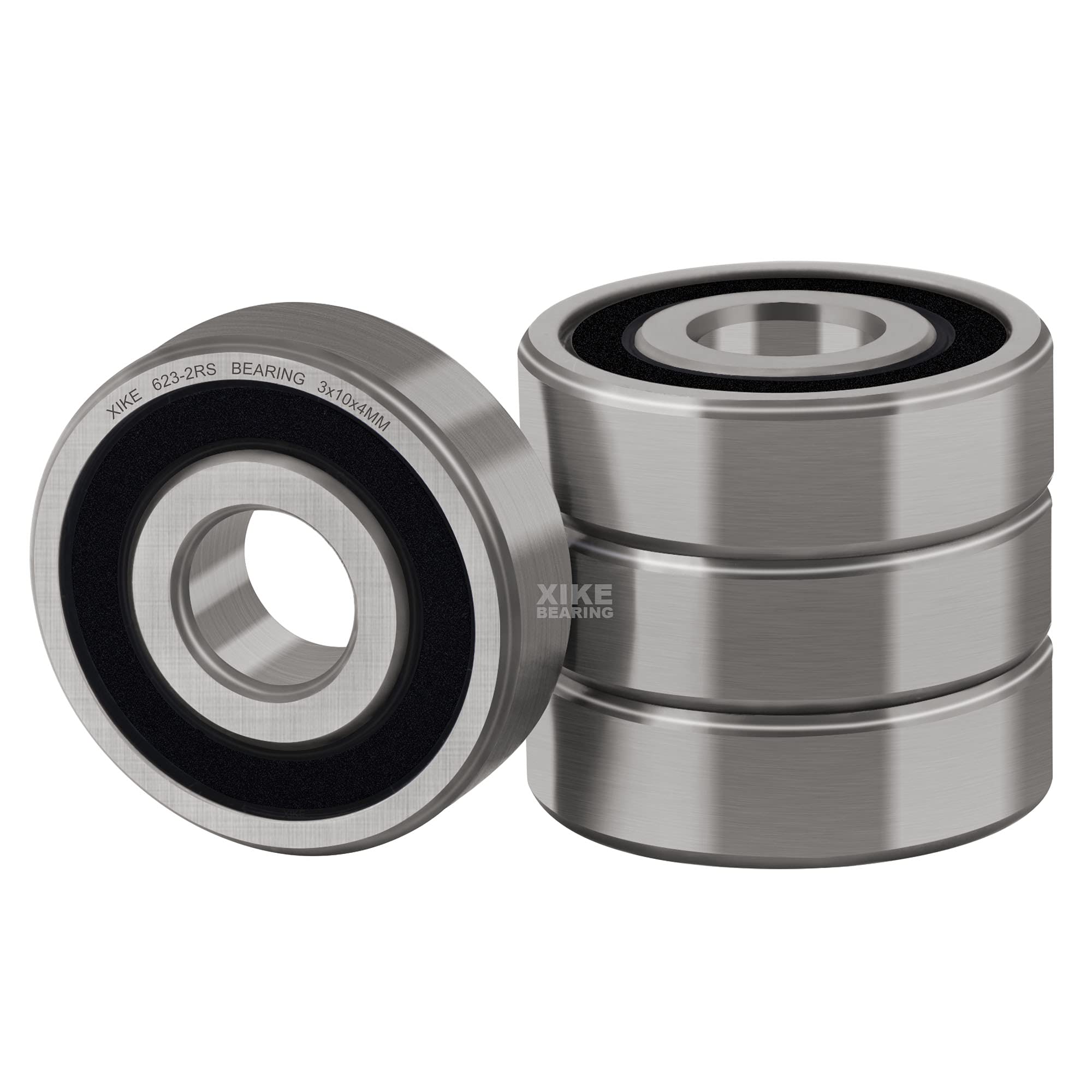 XiKe 623-2RS Double Rubber Seal Bearings 3x10x4mm, Pre-Lubricated and Stable Performance and Cost Effective, Deep Groove Ball Bearings(4 Pack).