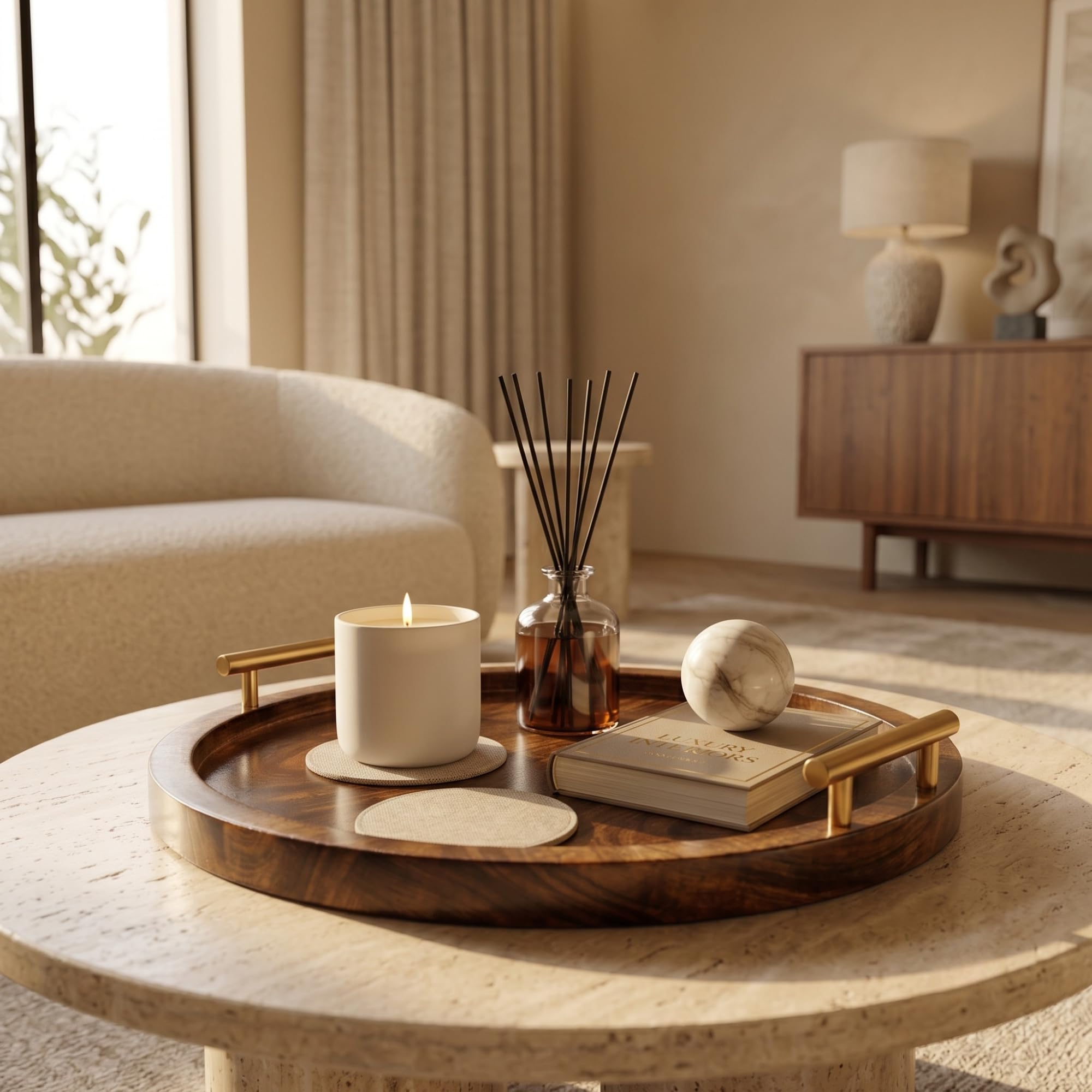 Round Wooden Serving Tray with Golden Handles Coffee Table Tray, Ottoman Tray, Decorative Wooden Tray for Living Room, Breakfast & Tea Serving Tray, Centerpiece Display, Housewarming Gift (10×10) in-image-15