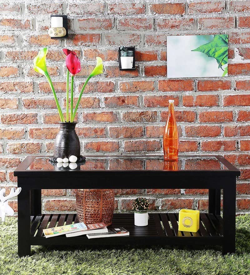 Image of Solid Sheesham Wood Modern Rectangular Coffee Table with Glass Top for Living Room with Bottom Storage Shelf /Glass Center Table for Sofa (Walnut)