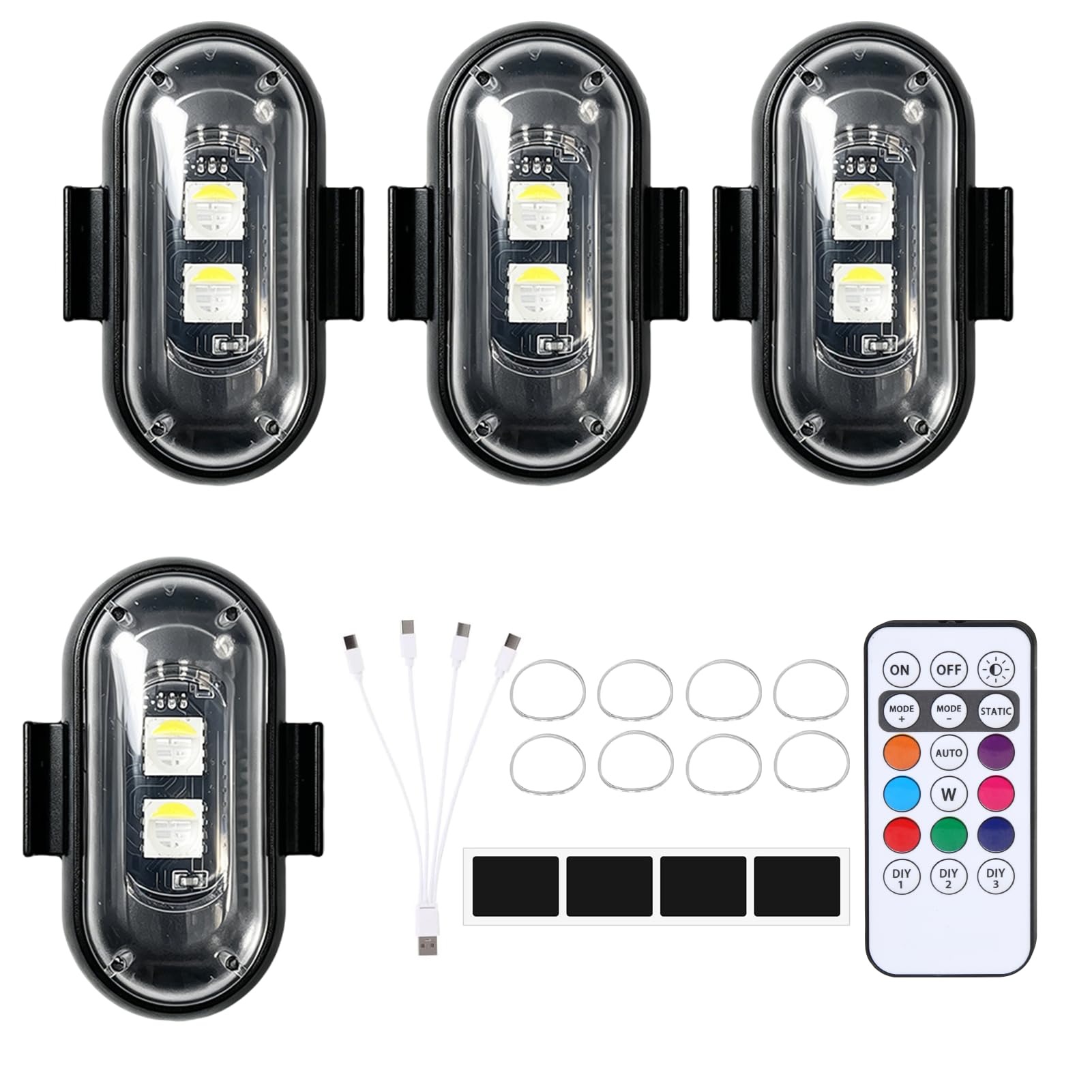 4 Pièces Luces Estroboscópicas LED Inalámbricas para Dron Coche Moto, LED Estroboscópico Luz Interior Coche con Mando a Distancia, 8 Colores y Modos de Flash, Carga USB Impermeable Anticolisión