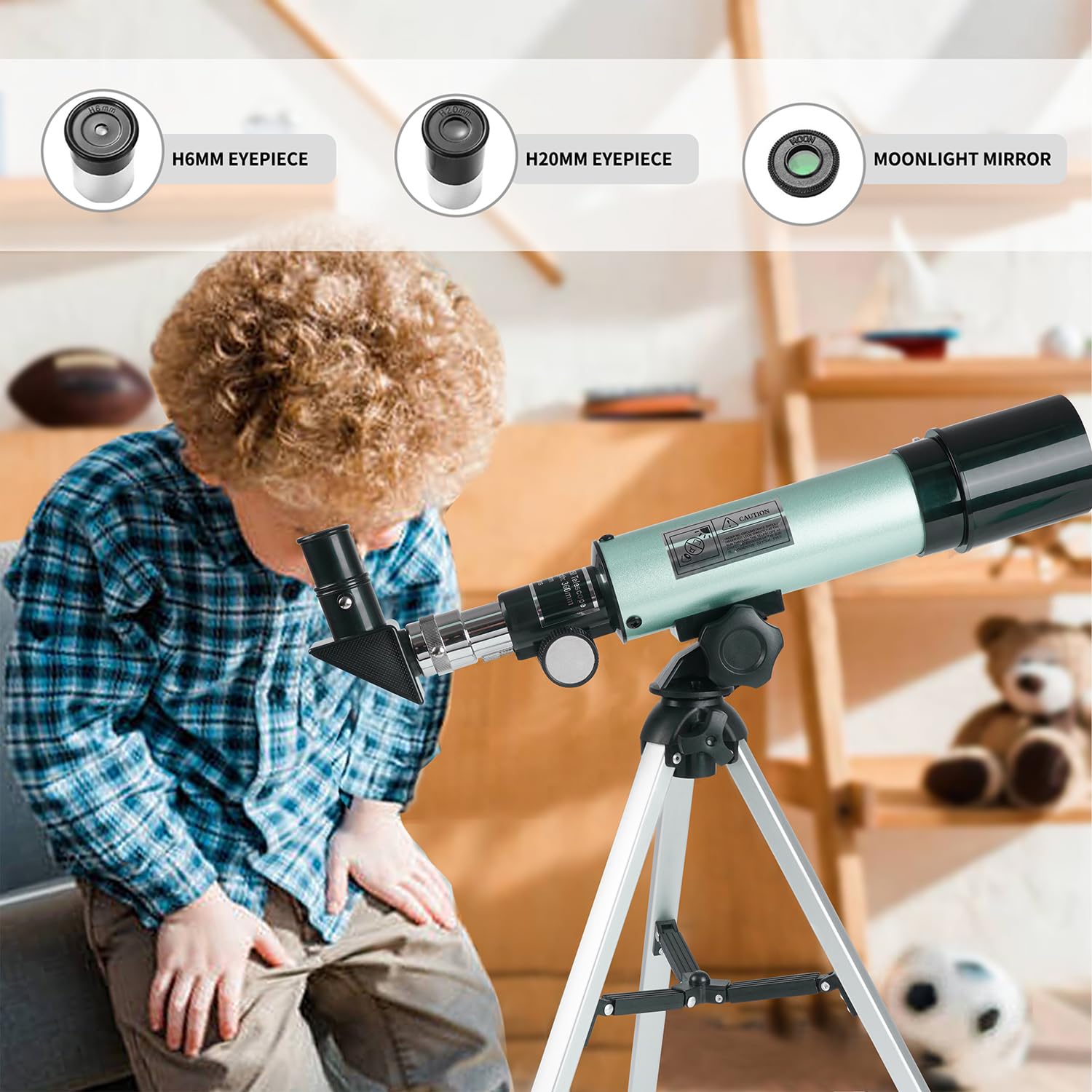 Kinder Teleskop, 360/50mm Astronomie Teleskop mit Sucherfernrohr und Stativ – Tragbares Refraktor Teleskope für Kinder, Erwachsene und Anfänger (Blau)