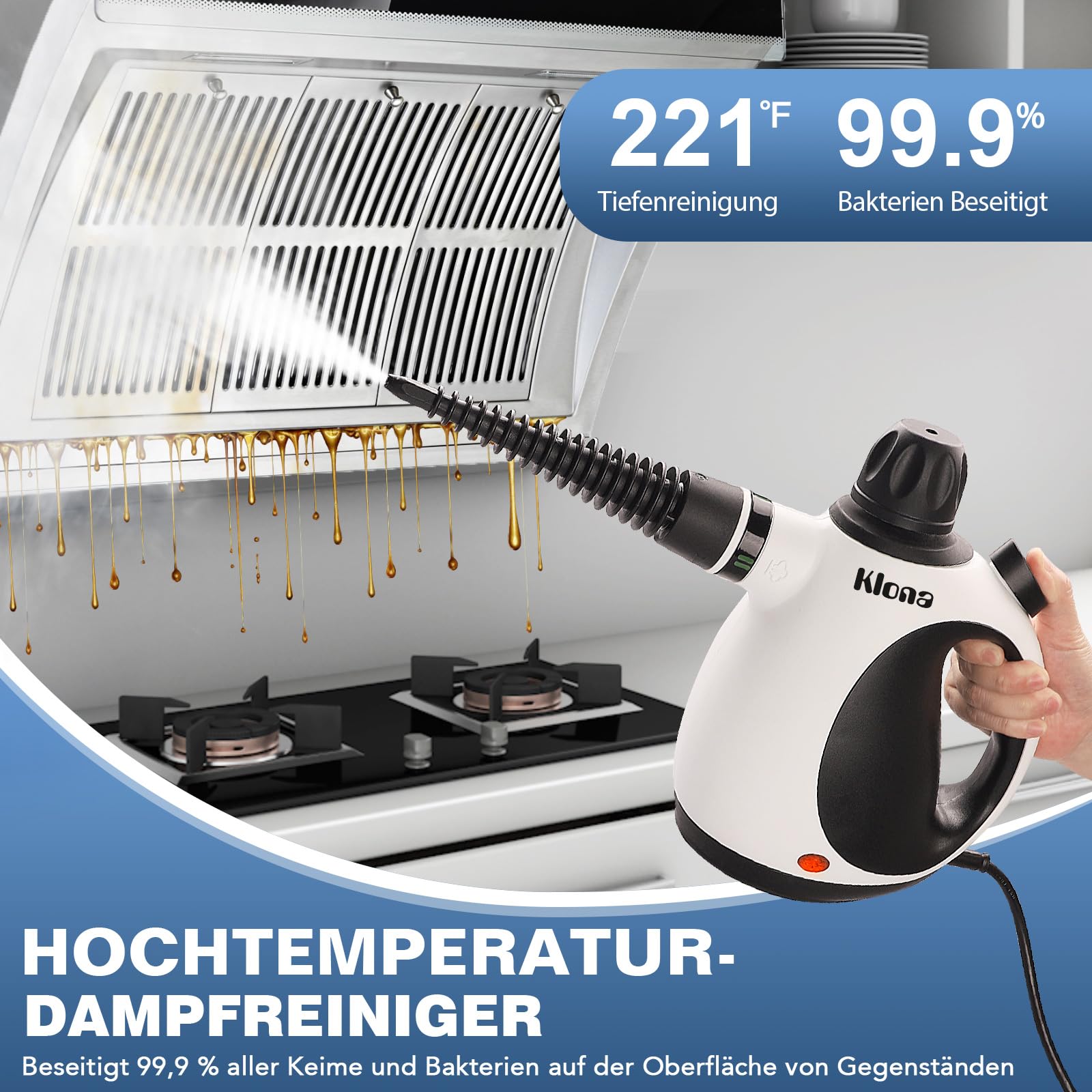 KLONA Dampfreiniger Handgerät, Steam Cleaner mit 10 Zubehör | 3 Min Schnellheizung | Tank: 350 ml | chemiefrei | Kindersicherung | Steam Cleaner | für Fliesen, Fenster, Polster, Bad