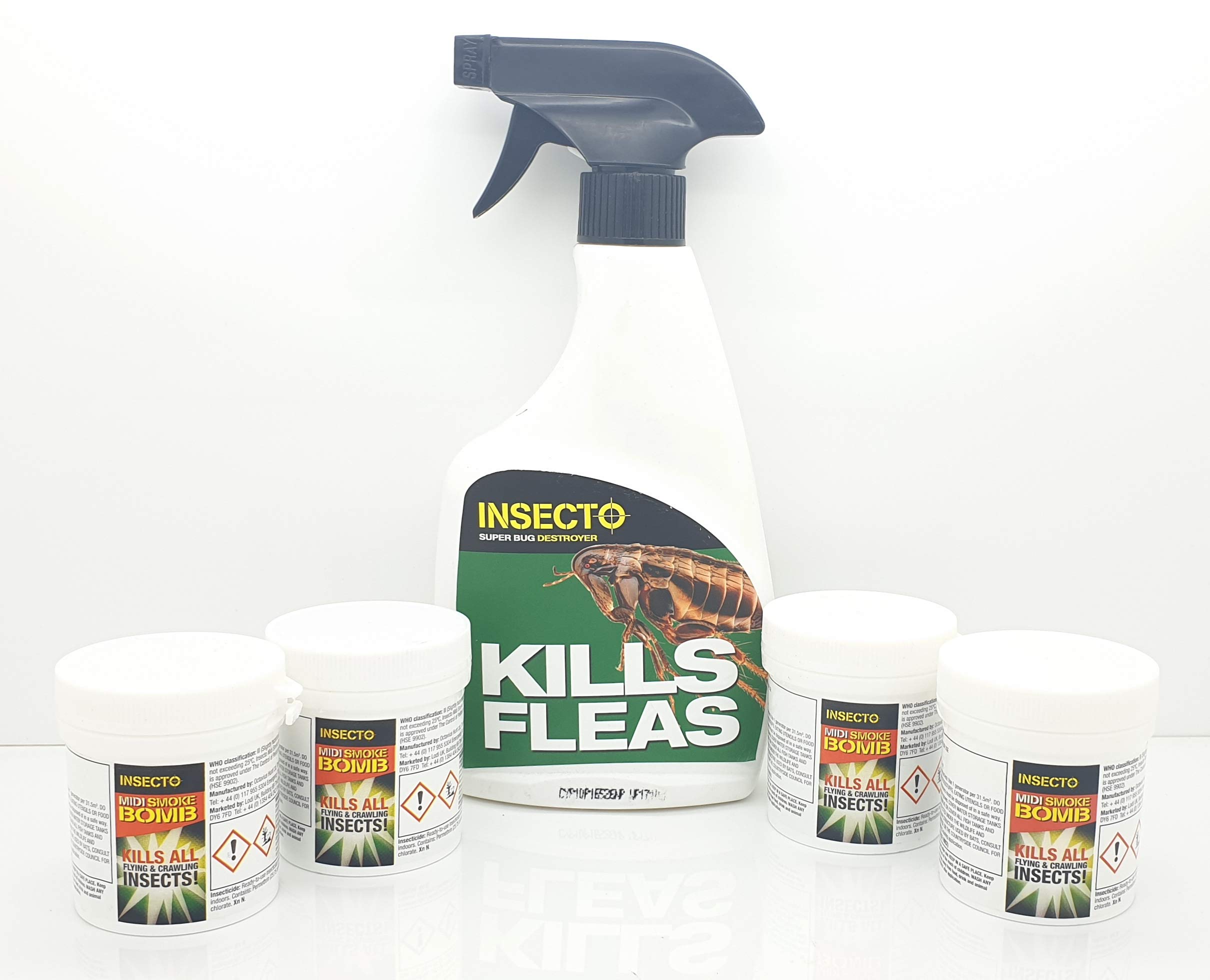 Insecto 4 x Midi Fogger Room Smoke Bombs & 1 x 500ml Flea Spray Kit