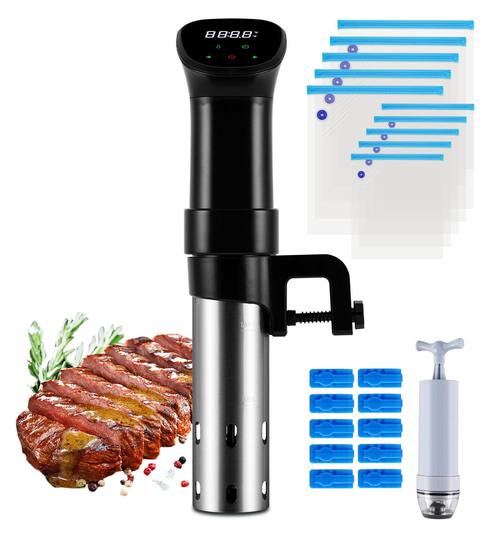 MXBAOHENG Sous Vide Stick 850 W Sous Vide Garer für Behälter bis 12 L Sous Vide Maschine Temperaturbereich 25-92.5℃, Wasserdicht, LCD Touchdisplay, 3D Zirkulation mit 10 Vakuumbeuteln und Rezepten