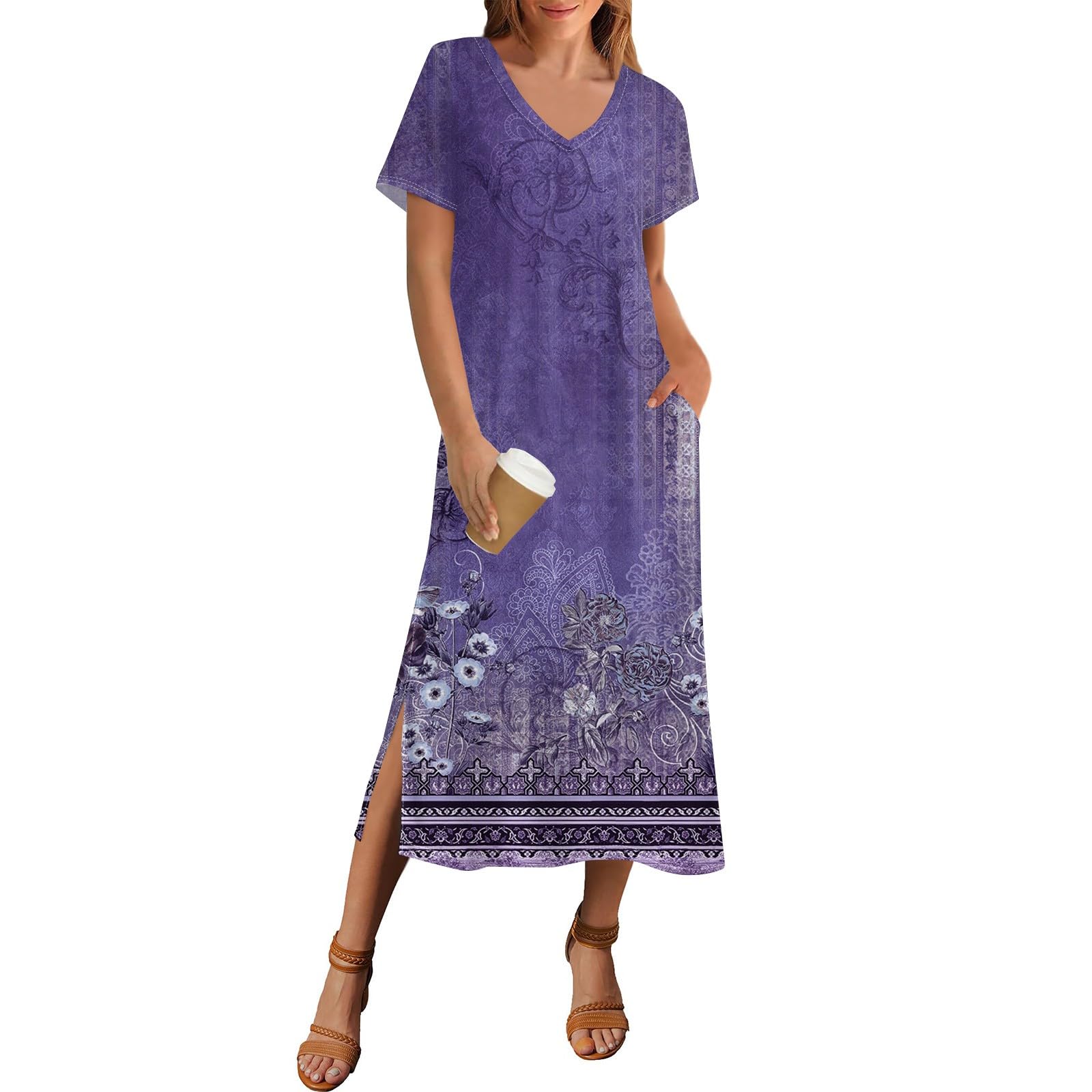 Summer Dresses for Women Casual Split Long Dress Loose T Shirt Dress Floral Print Short Sleeve Beach Dress with Pockets