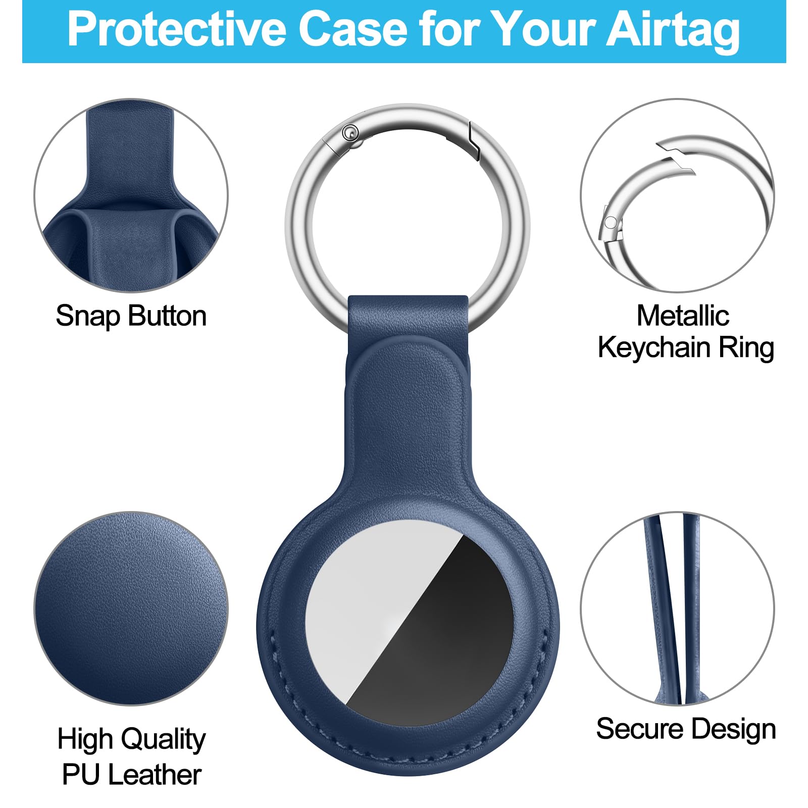 Meliya Funda para AirTag Llavero, Protectora de Cuero Anti-Perdida y Anti-Rasguños (No Incluye AirTags) (Azul) — view 5