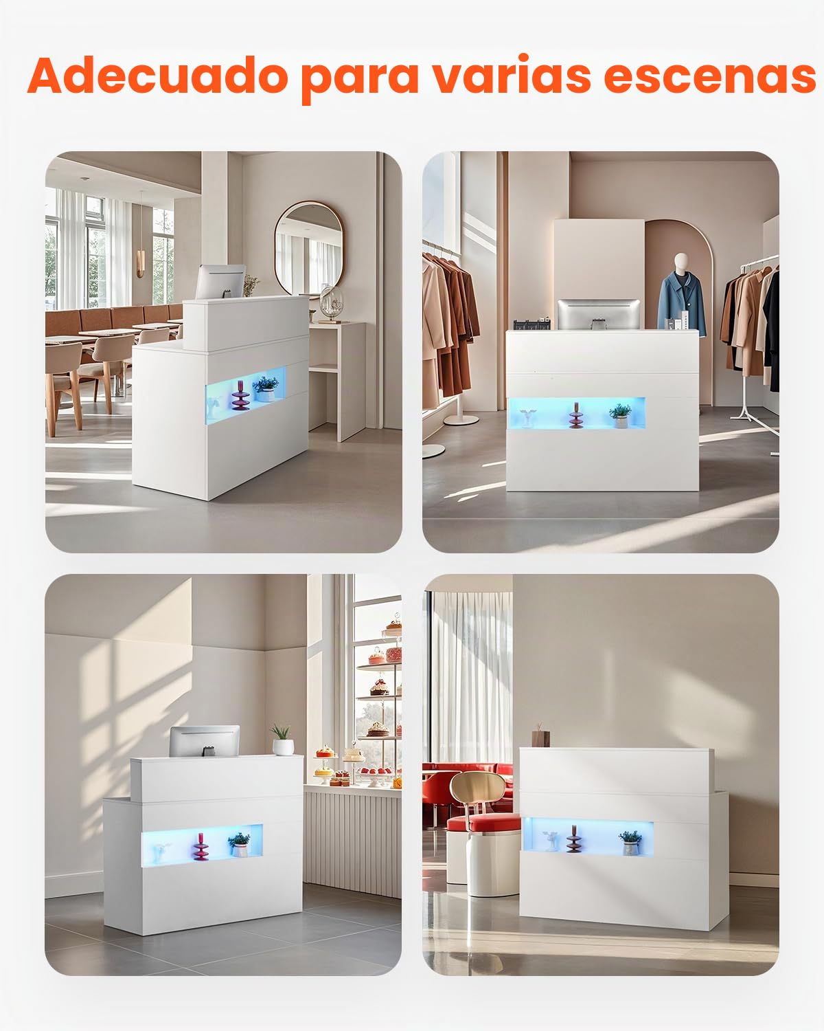 VEVOR Mostrador de Recepción 120 x 47,5 x 100 cm Mesa de Mostrador Rectangular Material de MDF con Luz LED 2 Cajones y Tomas de Corriente para Caja, Vestíbulo, Salón de Belleza, Oficina, Blanco