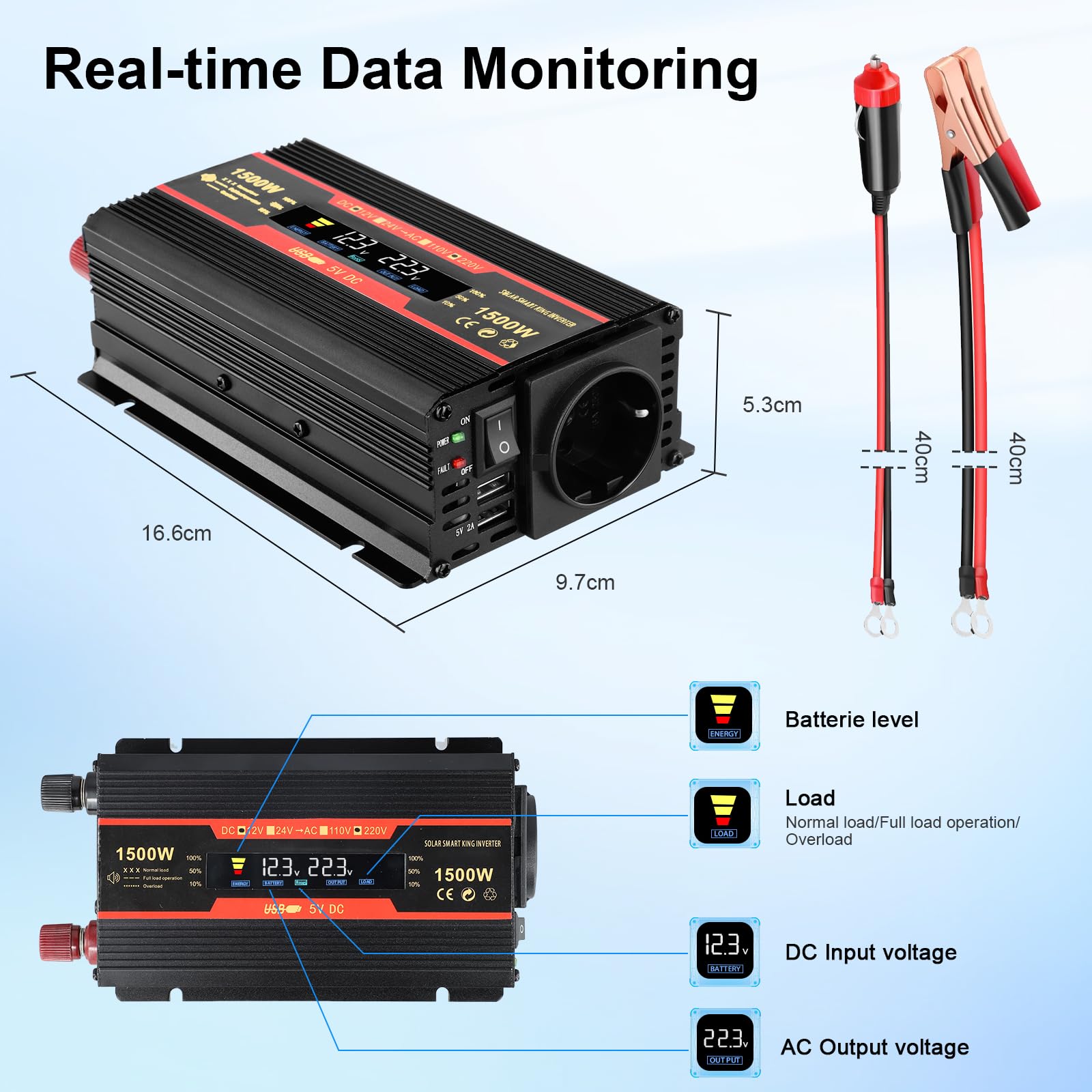 Spannungswandler 12v 230v,wechselrichter 1500w,mit Alligatorclip Zigarettenanzünder Stecker,1 Ac Steckdose & 2 Usb Port,power Inverter Für Auto