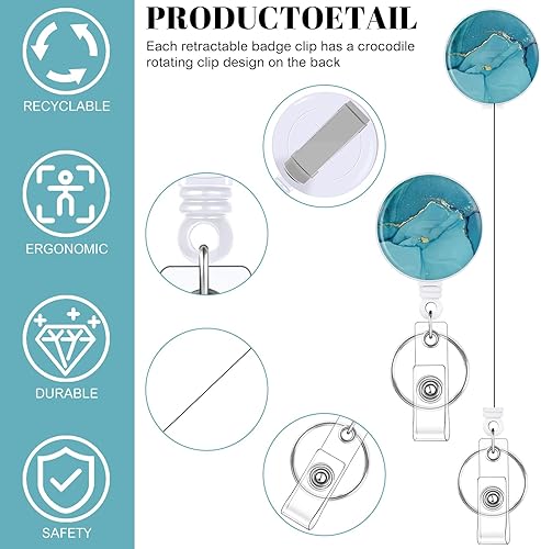 Miniatura 3 de Juego de 3 portatarjetas de alta resistencia con carrete retráctil, soporte retráctil de mármol para tarjetas de identificación con clip, funda para