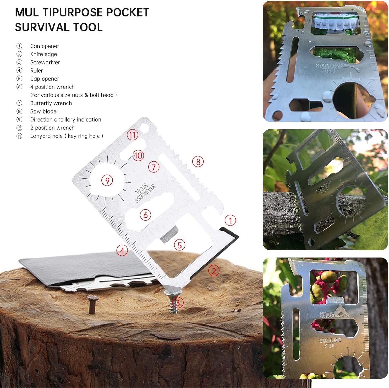 Boussole de Navigation et Randonnée - Carte Multi-Outils 11 en 1 - Scout, Orientation, Lumineuse pour Camping