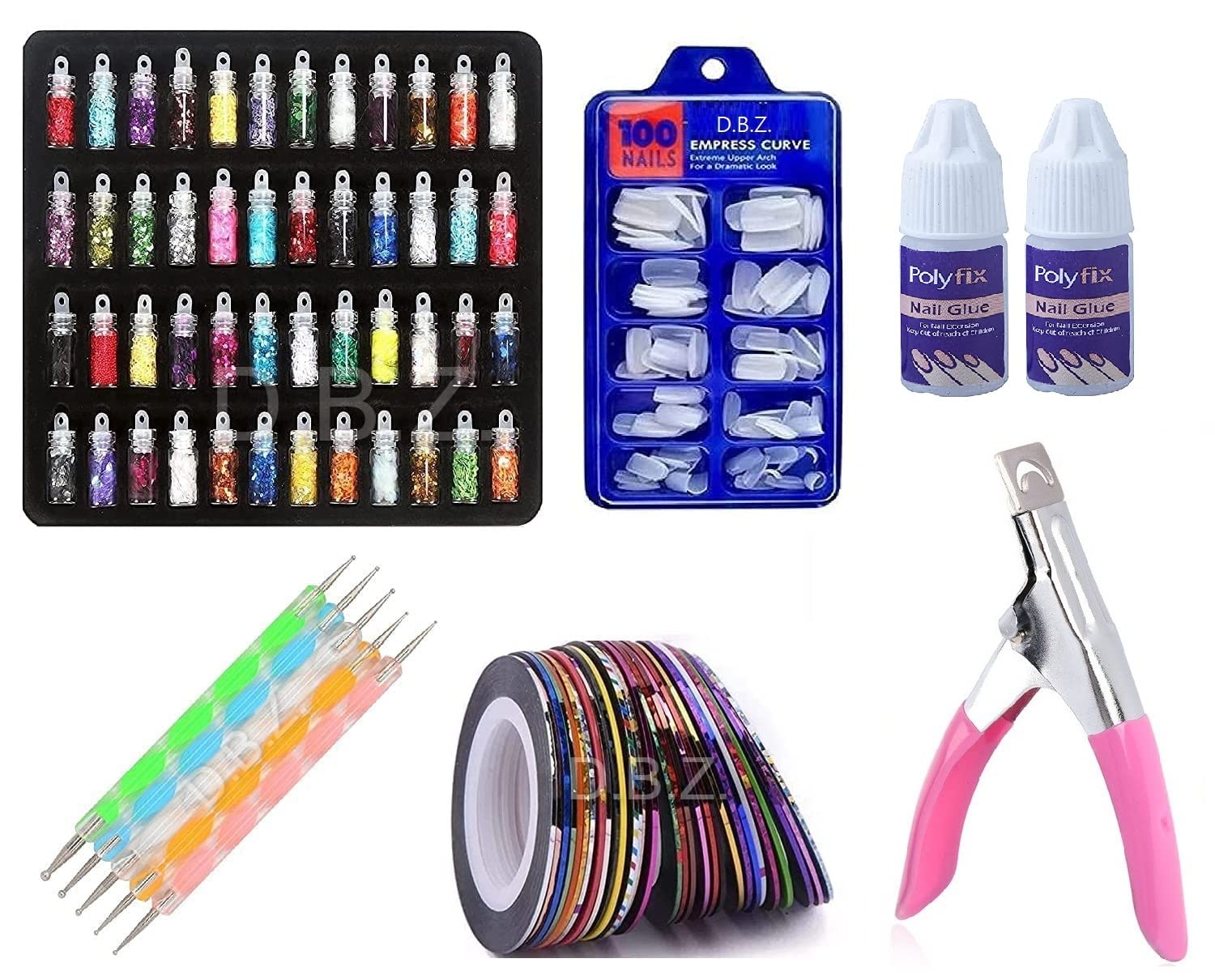 D.B.Z.® Professional Nail Art Kit - 48 Pcs Glass Bottles Glitter Stones, 100 Nails, 5 Nail Tapes, , 1 Nail Tip Edge Cutter, 5 Two way Nail Dotting Pen with 2 Glue for Home & Salon (Nail Art Kit)-image-46
