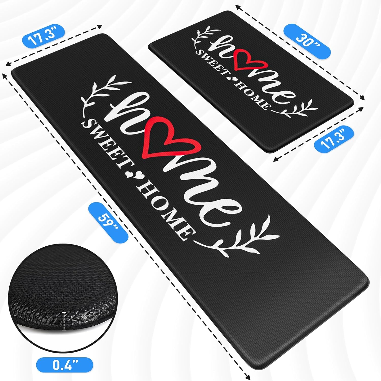 HappyTrends Kitchen Mat for Floor, 2PCS Cushioned Anti-Fatigue Kitchen Rugs, Waterproof Non-Slip Standing Mats and Rugs Set for Kitchen, Office, Laundry, Black, 17.3"×30"+17.3"×59"