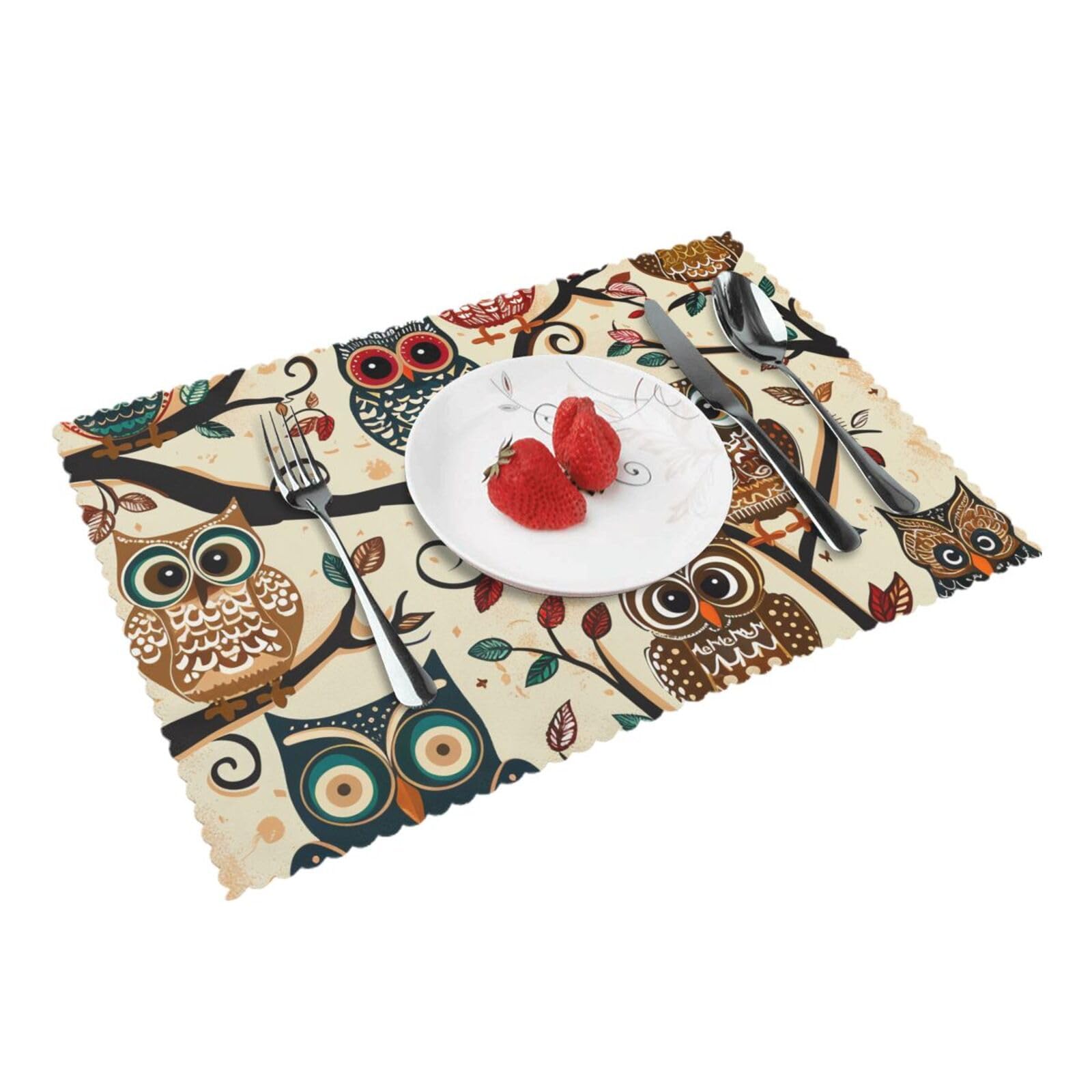 Owls on Tree Branches Printed Placemat Heat Resistant Place Mats Set of 4 PCS Washable Kitchen Table Mats, 12x18 Inch