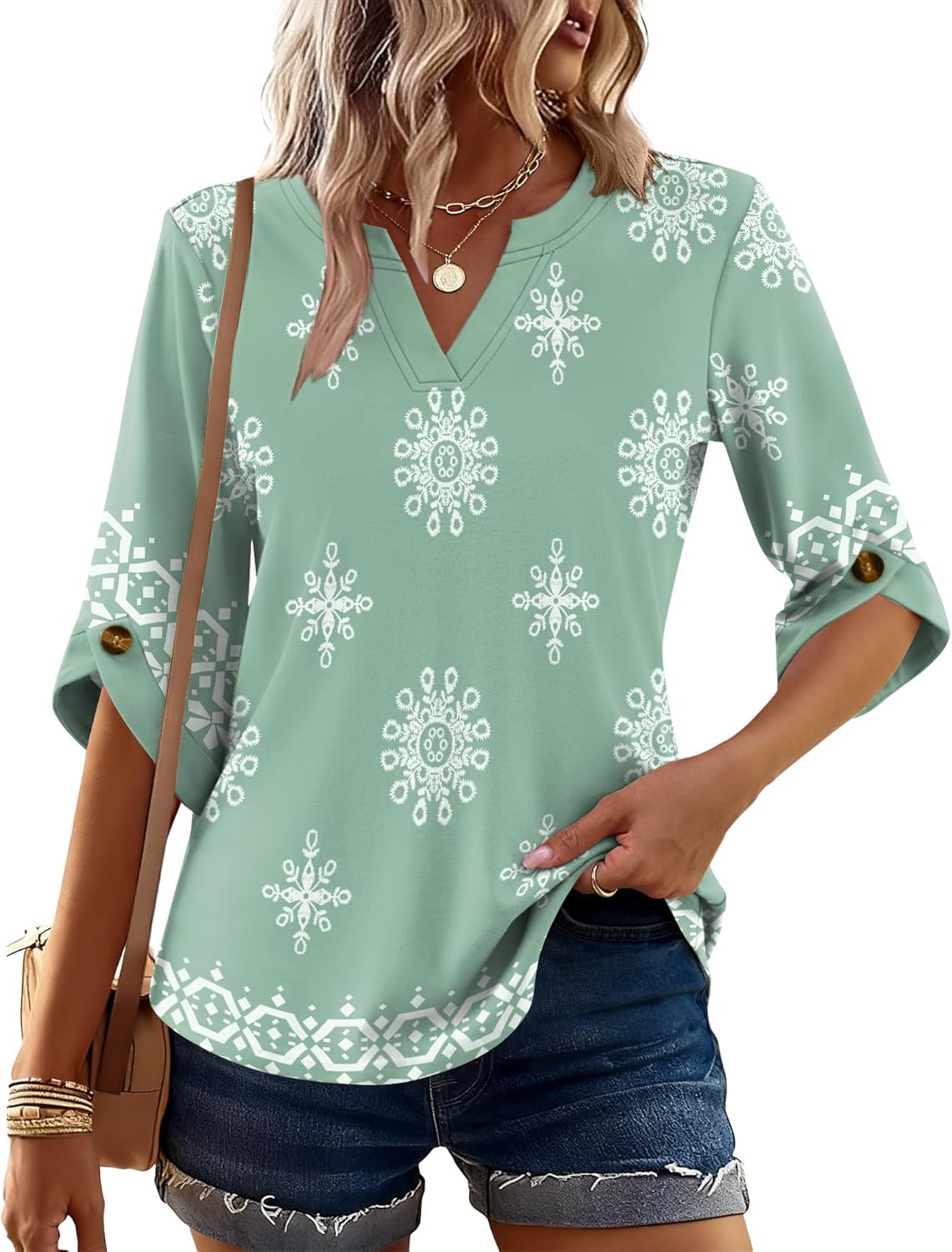 Kistore Womens 3/4 Length Sleeve Tunic Tops Casual V Neck Shirts Business Work Blouses Trendy Flowy Tees - Image 2