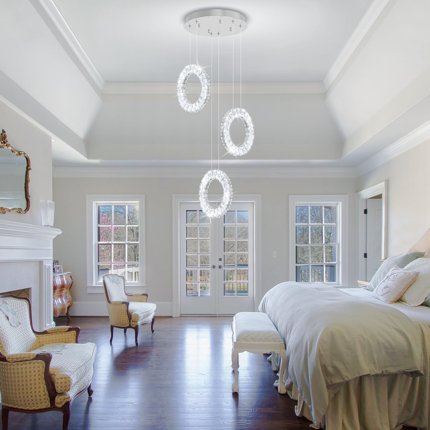 Pendant Lights Kitchen Island 3-Ring Chandelier Silver Pendant Light Crystal Light fixtures Crystal Hanging Light for Dining Room Bedroom 2700K 6000K