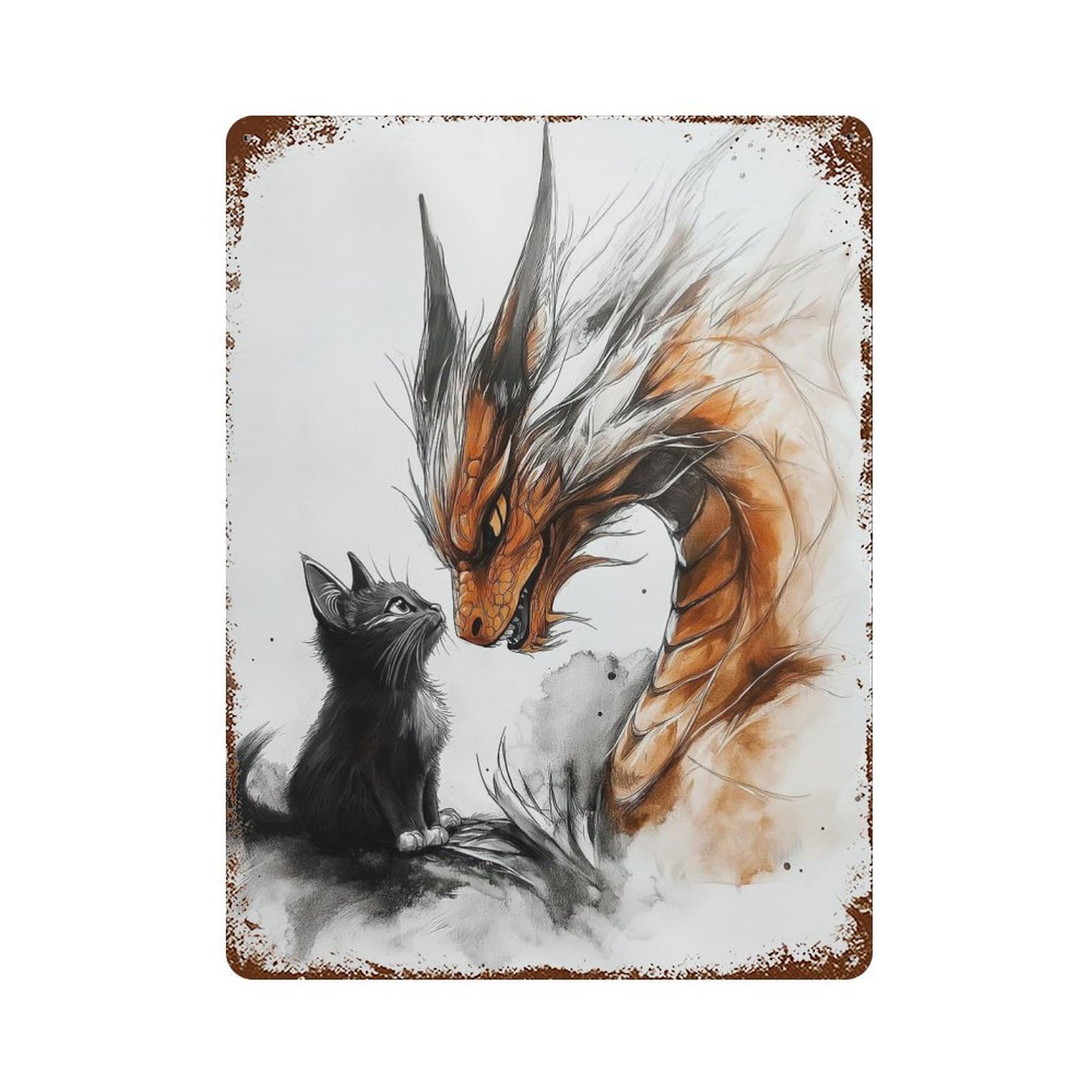 Decorative Tin Sign with Dragon And Kitten Design 15.7"x11.8", for Basement, Hobby Room And Garage Decor, Farmhouse Wall Decor