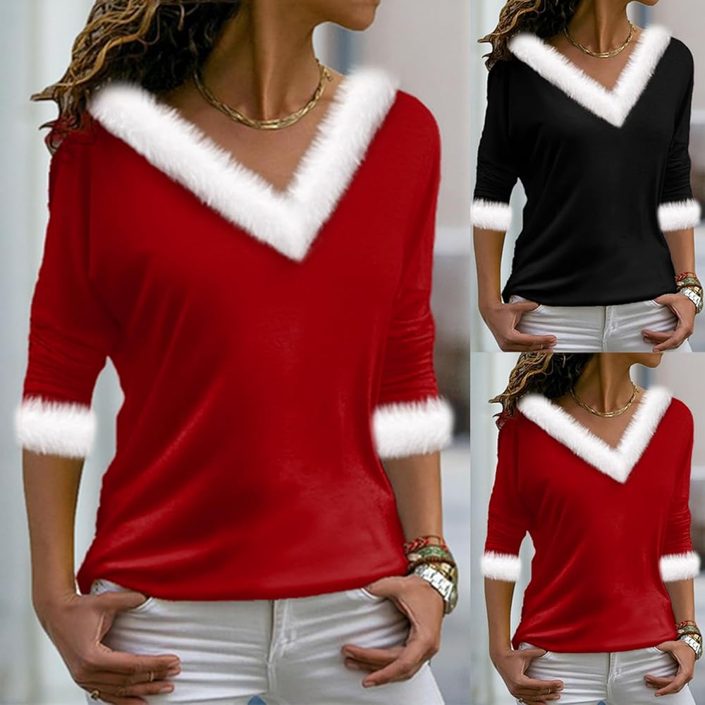 Dames Kerstmis Faux Fur Trim Truien, Xmas Plaid Sneeuwvlok Print V-hals