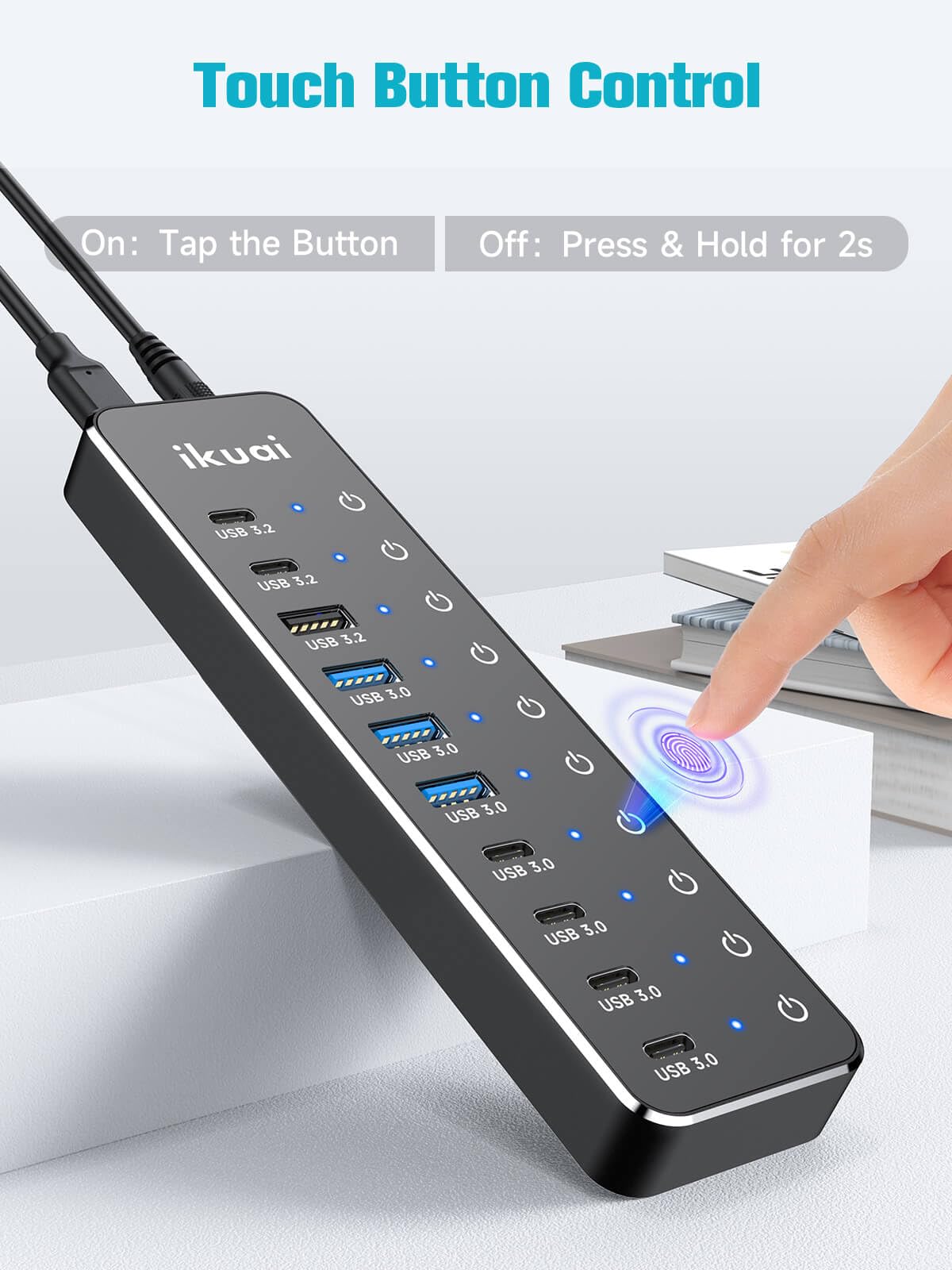 Hub USB alimenté par ikuai 10 ports USB 3.2/USB C, avec 3 ports de données 10 Gbit/s et 7 ports USB 3.0 (4 USB-C + 3 USB-A) pour ordinateurs portables Mac, PC, etc