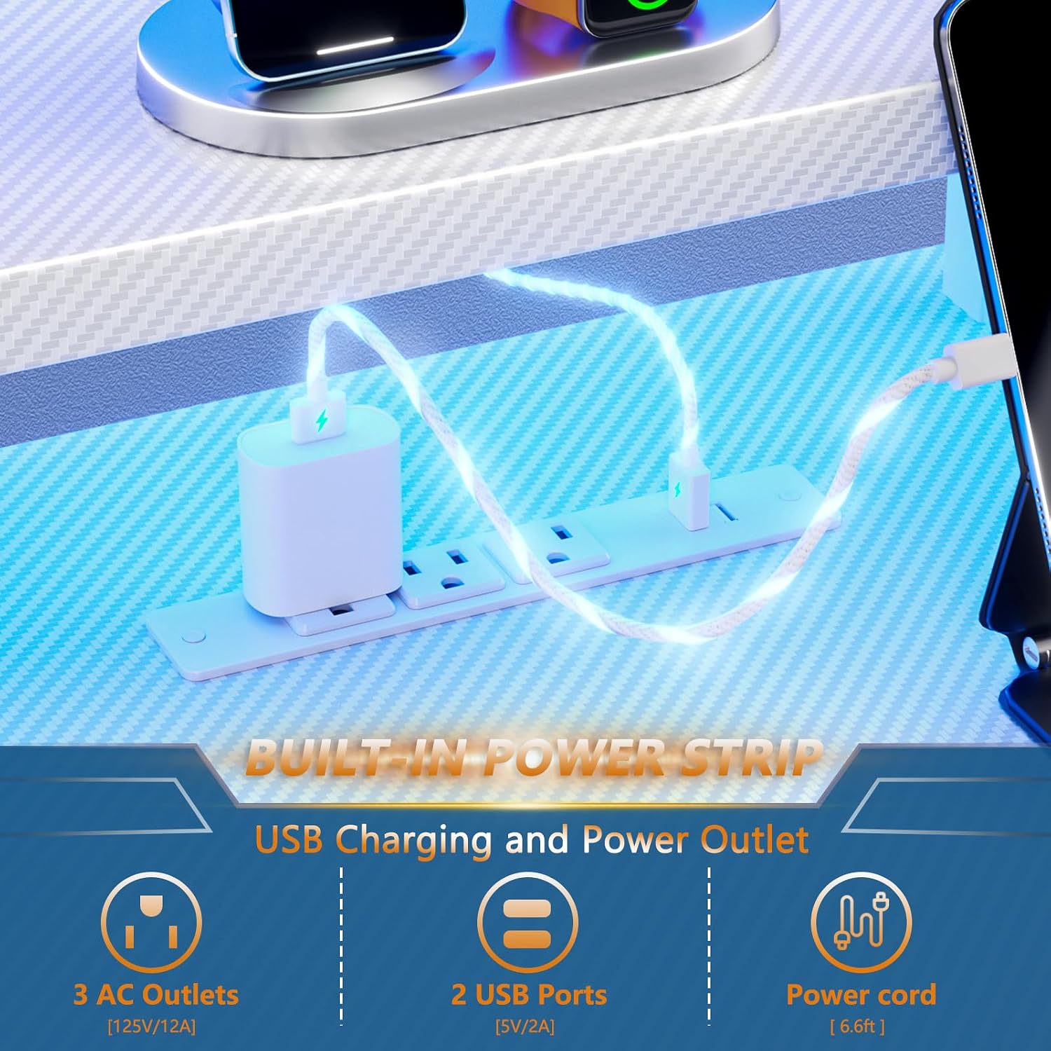 Close-up of the built-in power strip on the Korfile gaming desk.