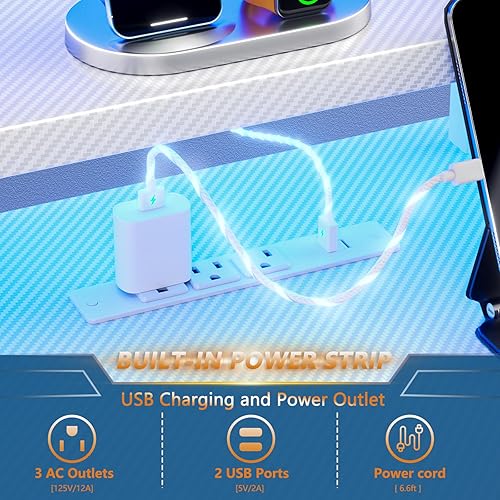 Miniatura 5 de Escritorio blanco para juegos de 39 pulgadas con luces LED y toma de corriente, escritorio pequeño para computadora de juegos con estantes de