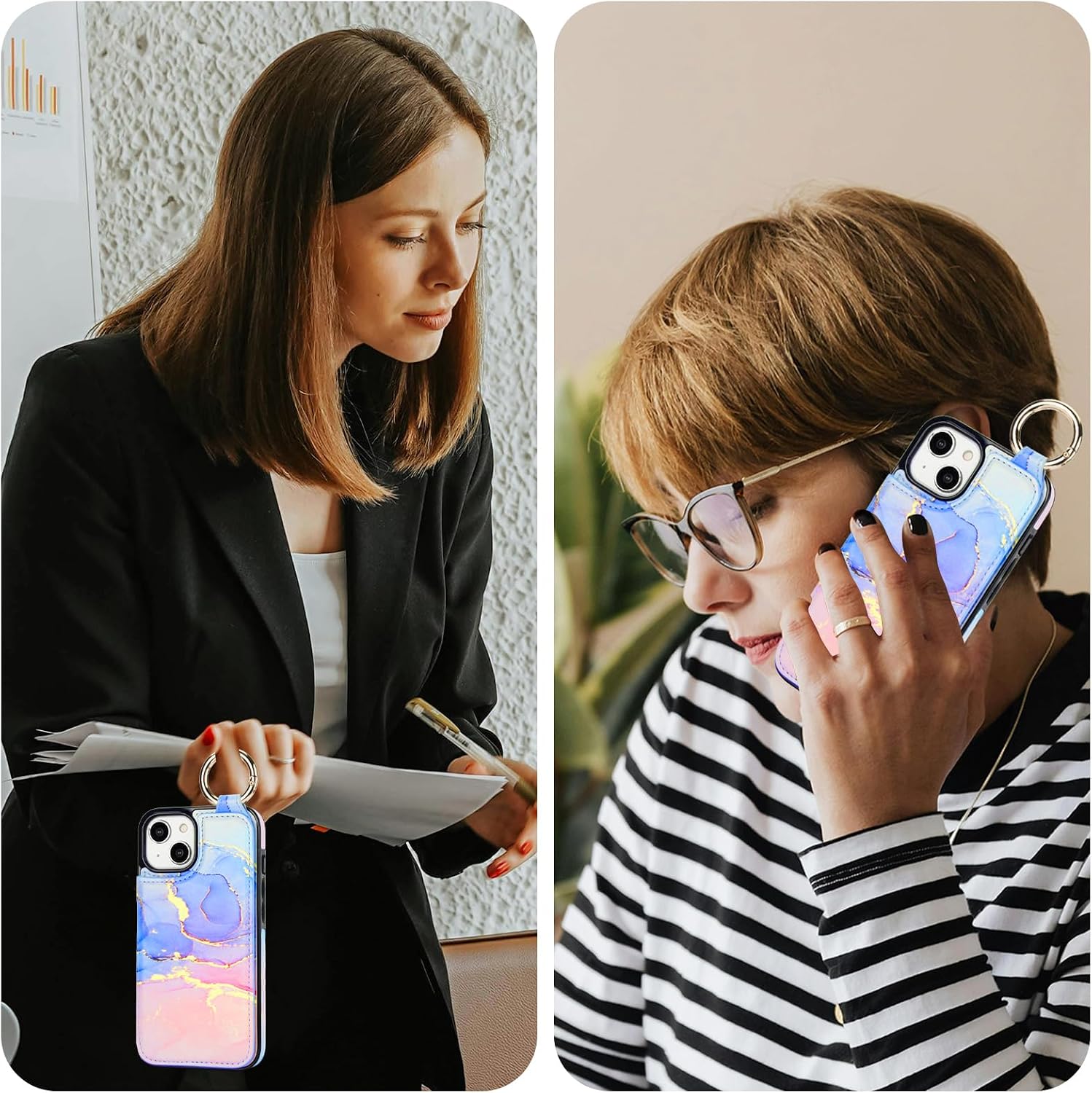 HAOPINSH for iPhone 13 iPhone 14 Wallet Case with Card Holder, Pink Blue Marble Print Back Flip Folio PU Leather Kickstand Card Slots Case, Finger Grip Ring Double Magnetic Clasp Shockproof 6.1"