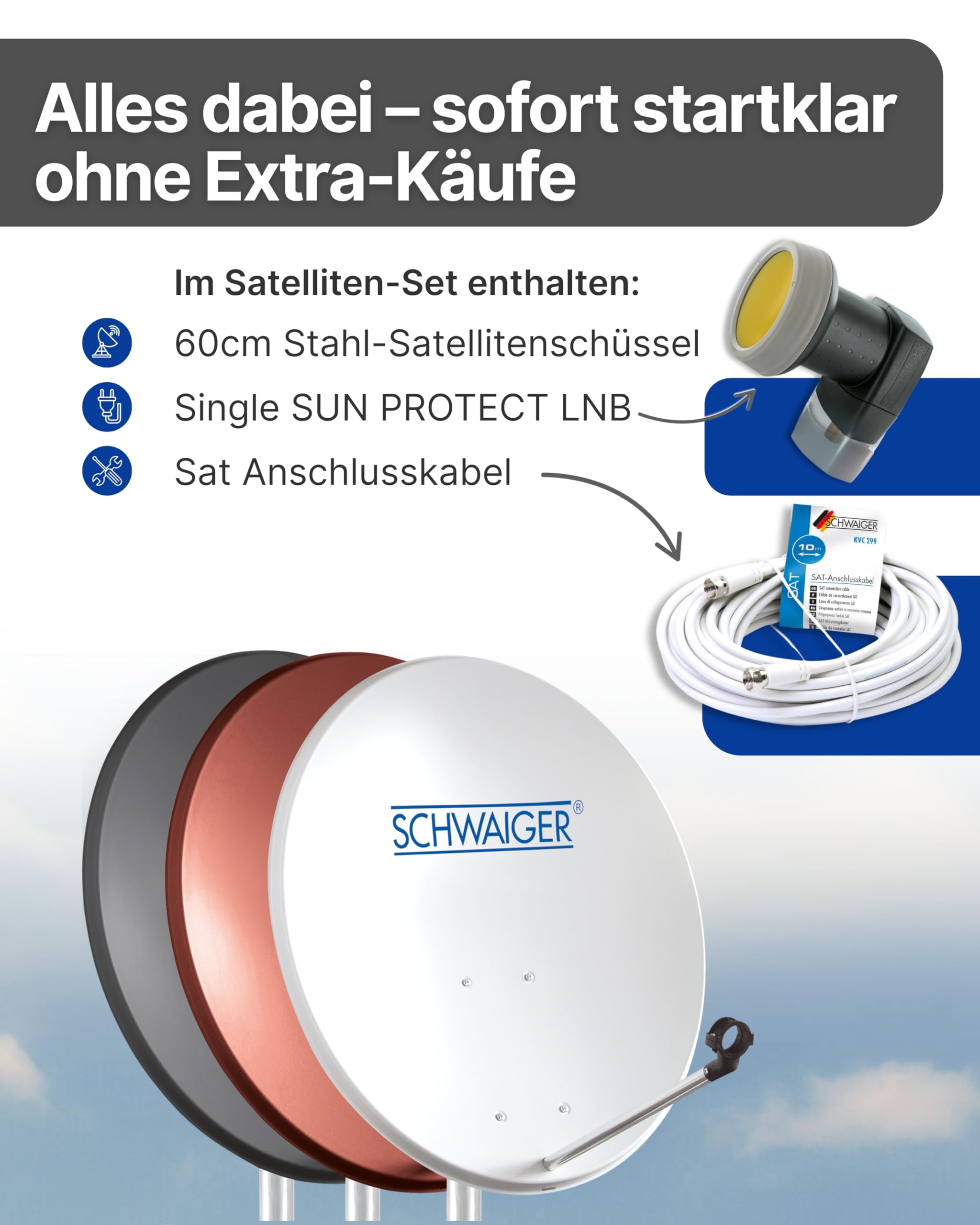 SCHWAIGER Satellitenschüssel Komplettset I Ø 60 cm Stahl Offset Antenne in Anthrazit I Inkl. sonnengeschütztes Single LNB 1-Fach I Digital HD Empfang I Integrierte Kabelführung & wetterfest