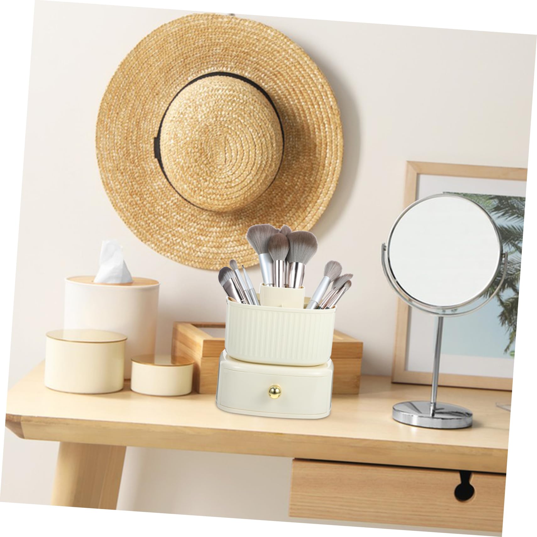 IWOWHERO Rotatable Makeup Brush Holder Cosmetics Organizer Elegant for Vanity Table Creamy for Brushes Pens and Accessories Storage