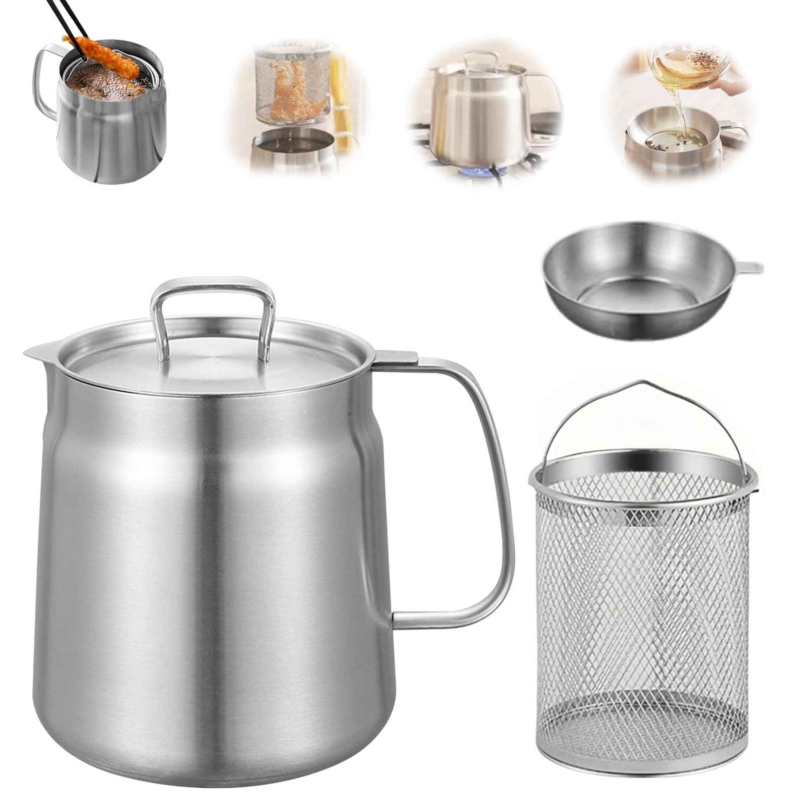 Casserole à frire 2L avec passoire en inox 304 pour friture et conservation d'huile de cuisine