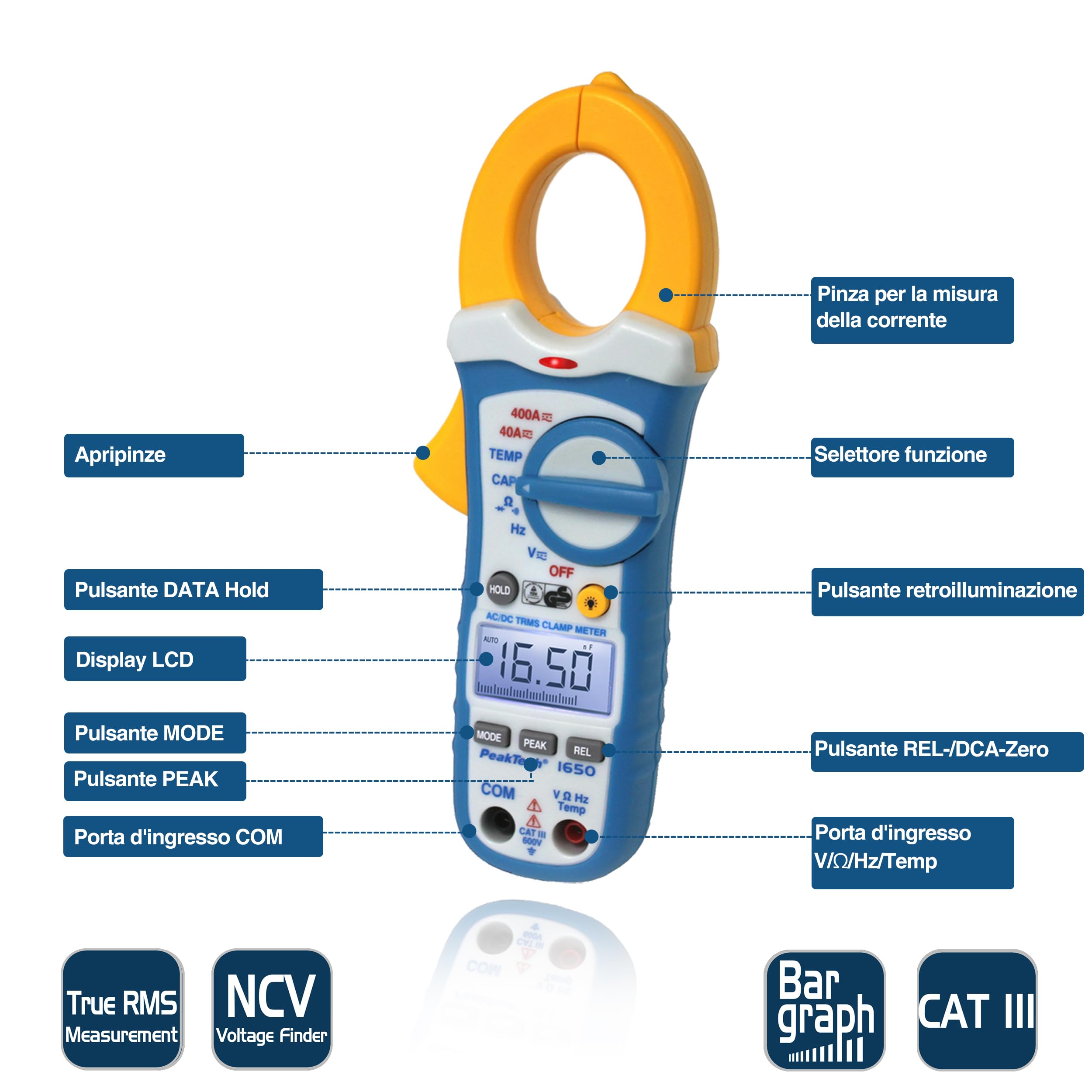 PeakTech 1650 – Morsetti con vero RMS AC/DC 400A, 4000 conteggi, Multimetro digitale, Voltmetro senza contatto, Amperometro, Tester di continuità - Max. 600 V