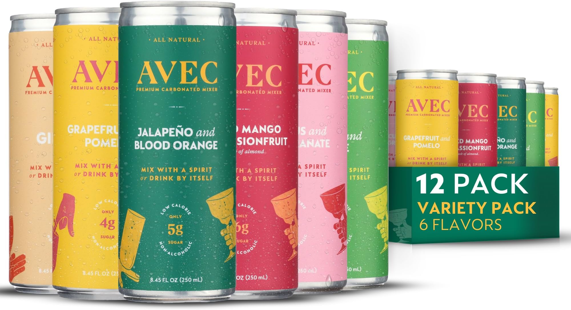 AVEC Soda & Mixer Variety Pack 12 Pack, 8.45 Oz 2 x 6 Flavors, Sparkling Water