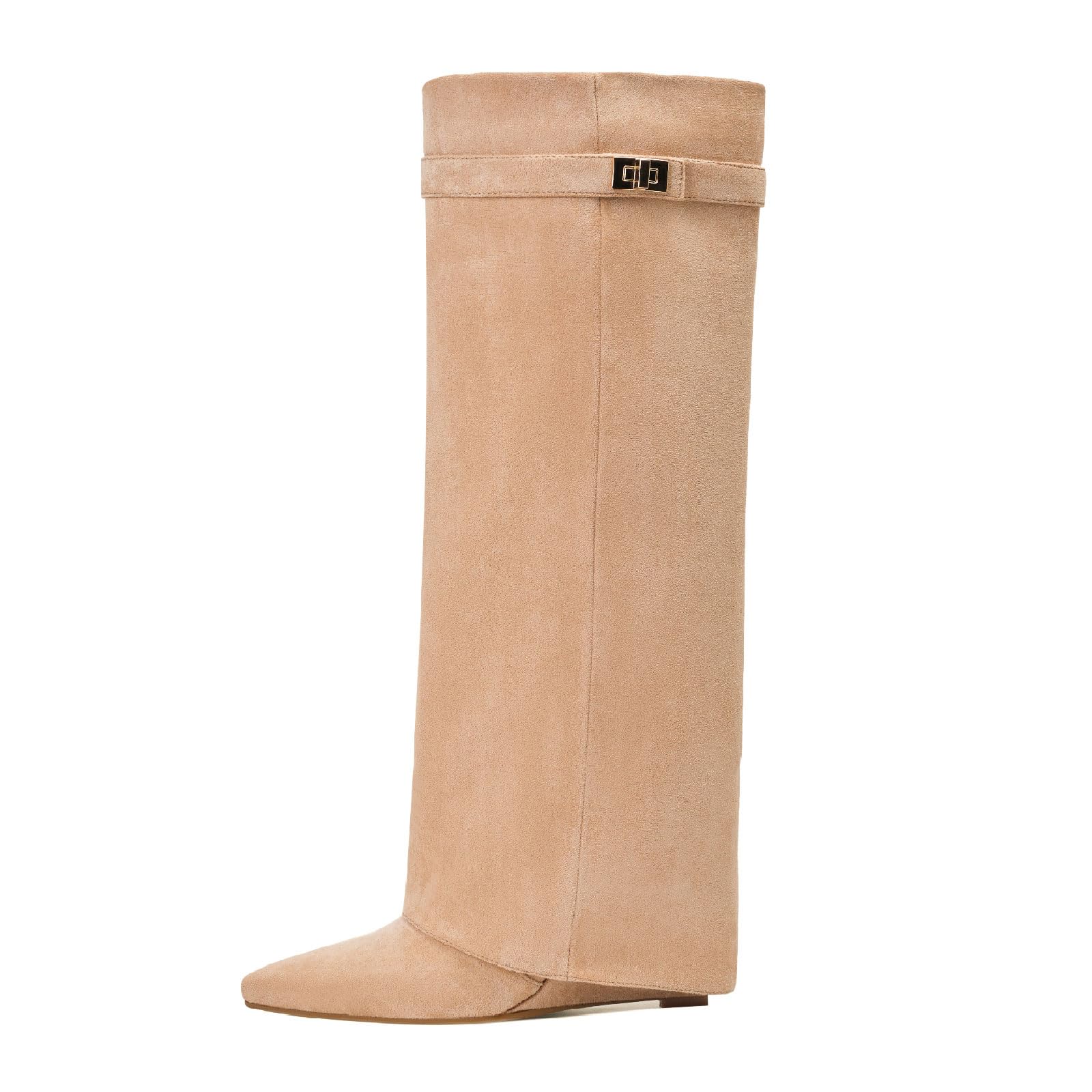 Womens Fashion High Wedge Heel Fold Boots Suede Matte Leather Pointed Closed Toe Side Zipper High Heel Knee