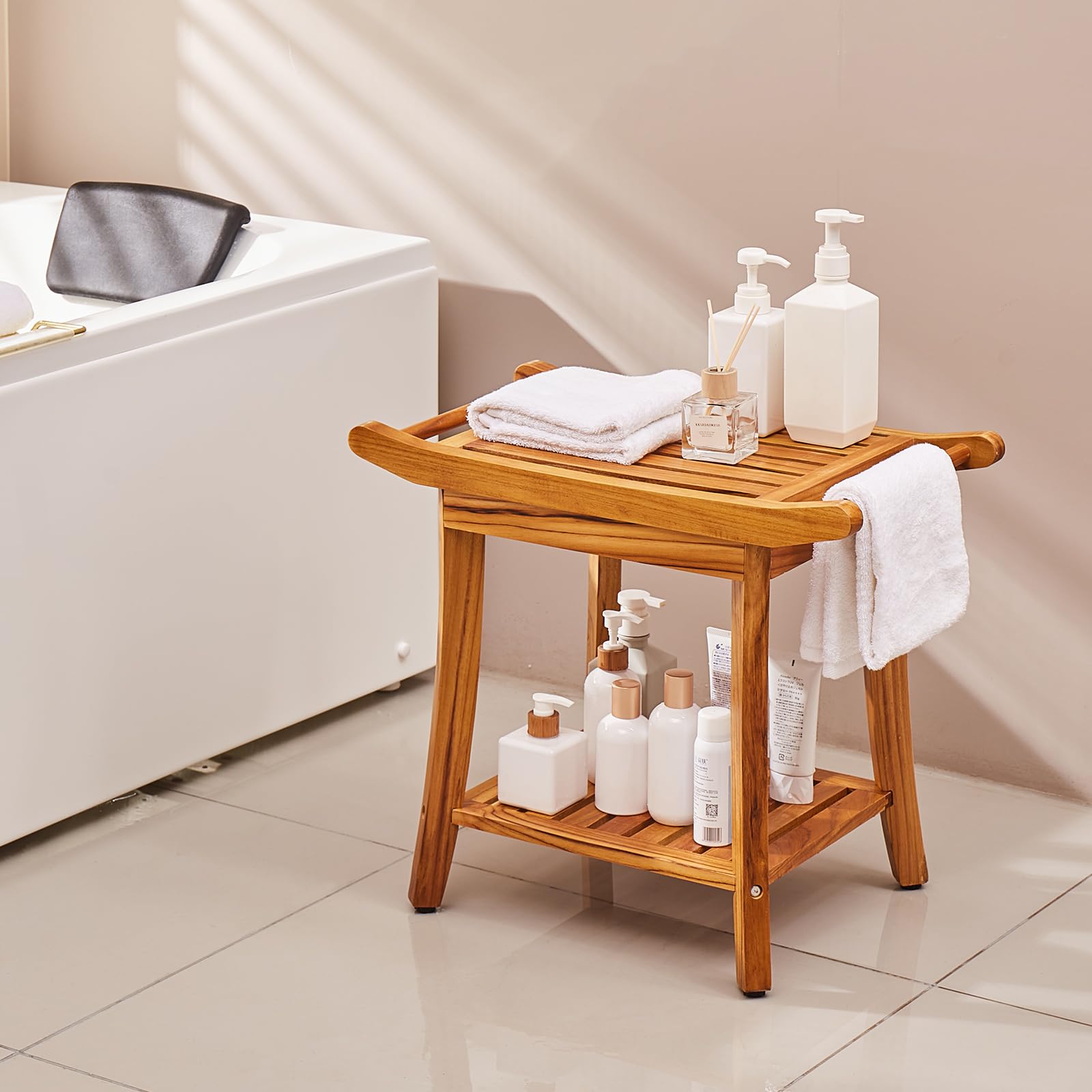 VEVOR Banco de Ducha de Teca de Madera Resistente al Agua con Estante de Almacenamiento, Asa y Patas Antideslizantes, Carga Máxima de 136,1 kg, para Uso en Interiores y Exteriores 560 x 365 x 470 mm