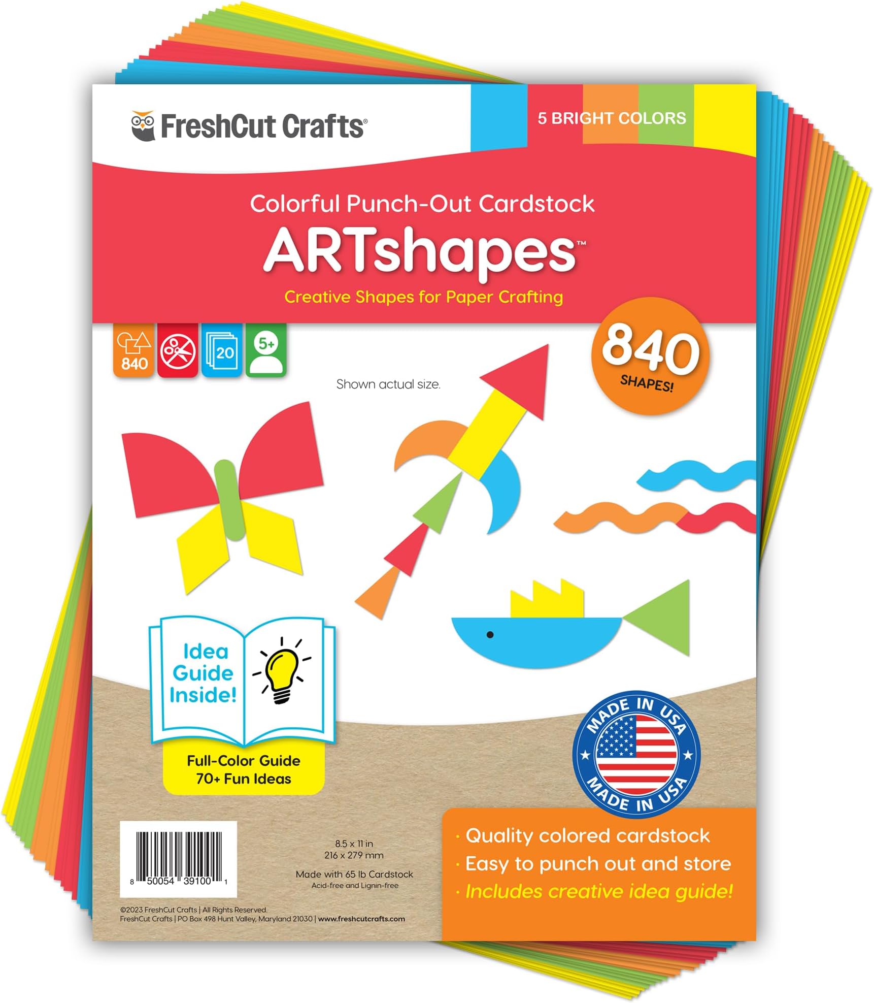 ARTshapes 840 pc Creative Paper Shapes Pack with 70+ Idea Guide - US Made Card Stock - Punch Out Funky DIY Craft Supplies for Whimsical Art Designs, Paper Crafts, and Pattern Play 5 Bright Colors