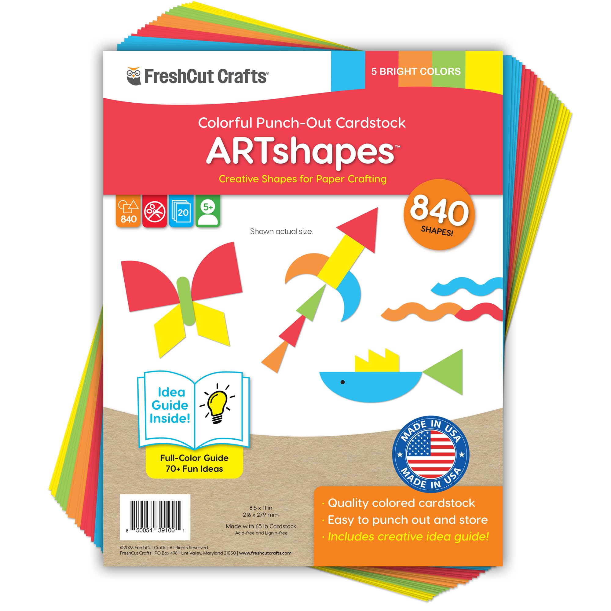 - ARTshapes 840 pc Creative Paper Shapes Pack with 70+ Idea Guide - US Made Card Stock - Punch Out Funky DIY Craft Supplies for Whimsical Art Designs, Paper Crafts, and Pattern Play 5 Bright Colors