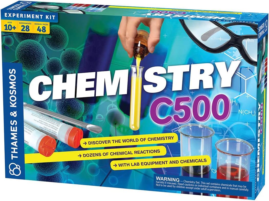 Thames & Kosmos Chemistry Chem C500 Science Kit with 28 Guided Experiments 48 Page Science Guide Parentsโ Choice Silver Award Winner, 13.1" L x 2.6" W x 8.9" H
