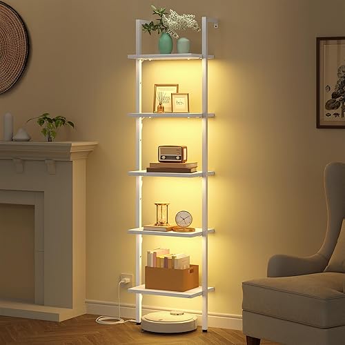 Miniatura 15 de Tajsoon - Estantería de escalera de 5 niveles con luz LED, estantería de escalera montada en la pared con marco de metal, estantería de escalera de