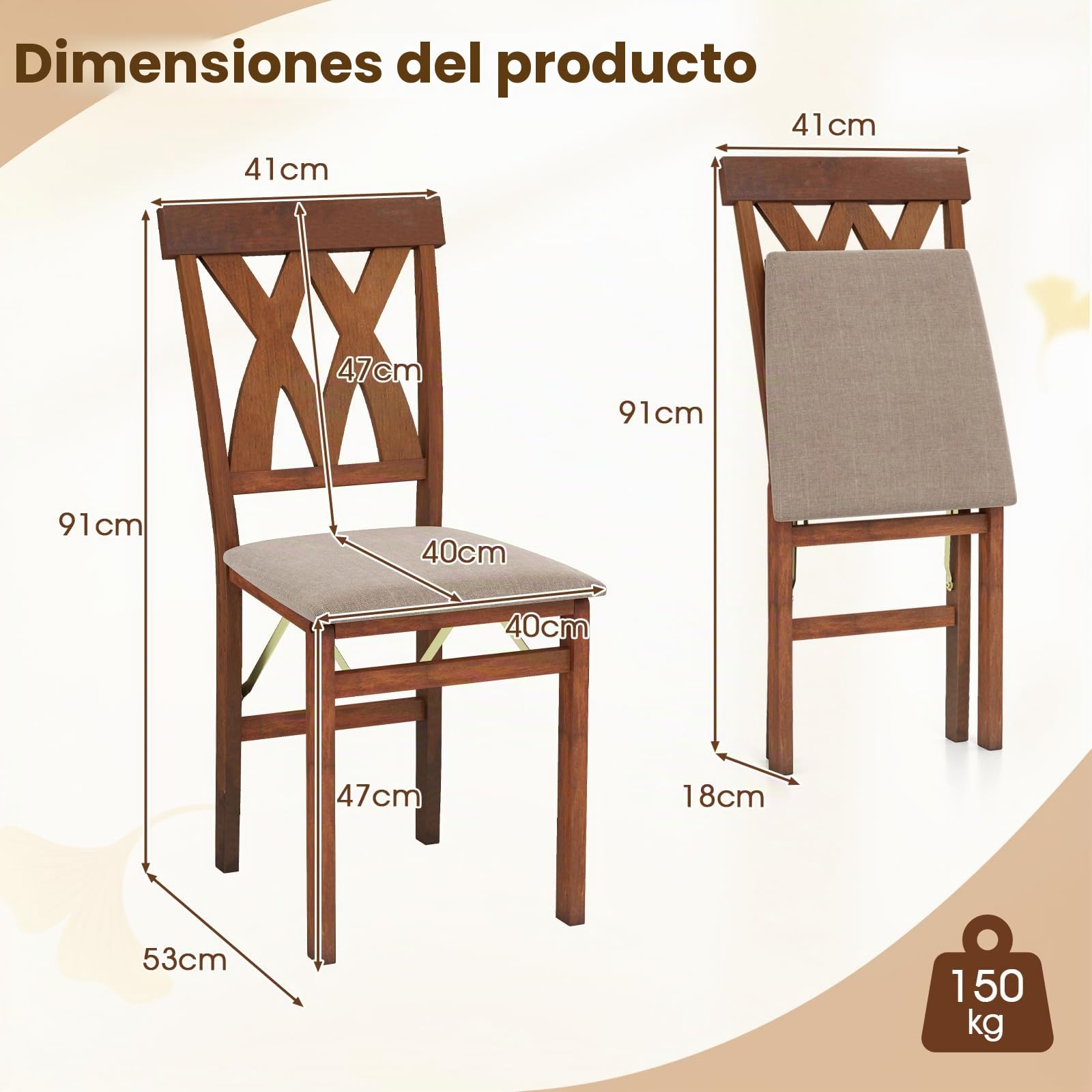 GIANTEX Juego de 2 Sillas de Comedor Plegables, Sillas de Cocina con Estructura de Madera de Caucho y Asiento Acolchado, 41x53x91cm, Carga hasta 150 kg, Ahorra Espacio (Marrón)